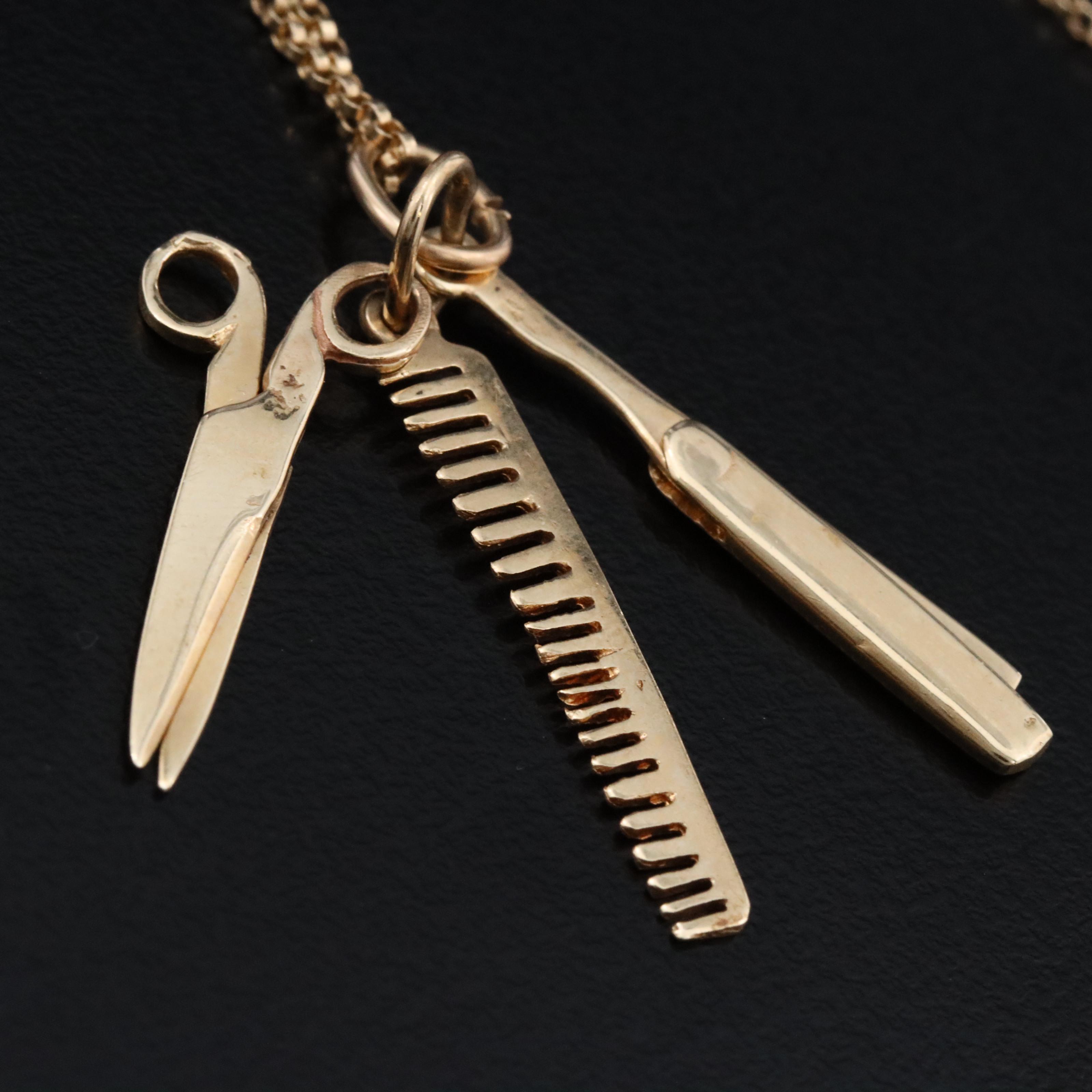 14K Razor, Comb and Scissor Charm Necklace