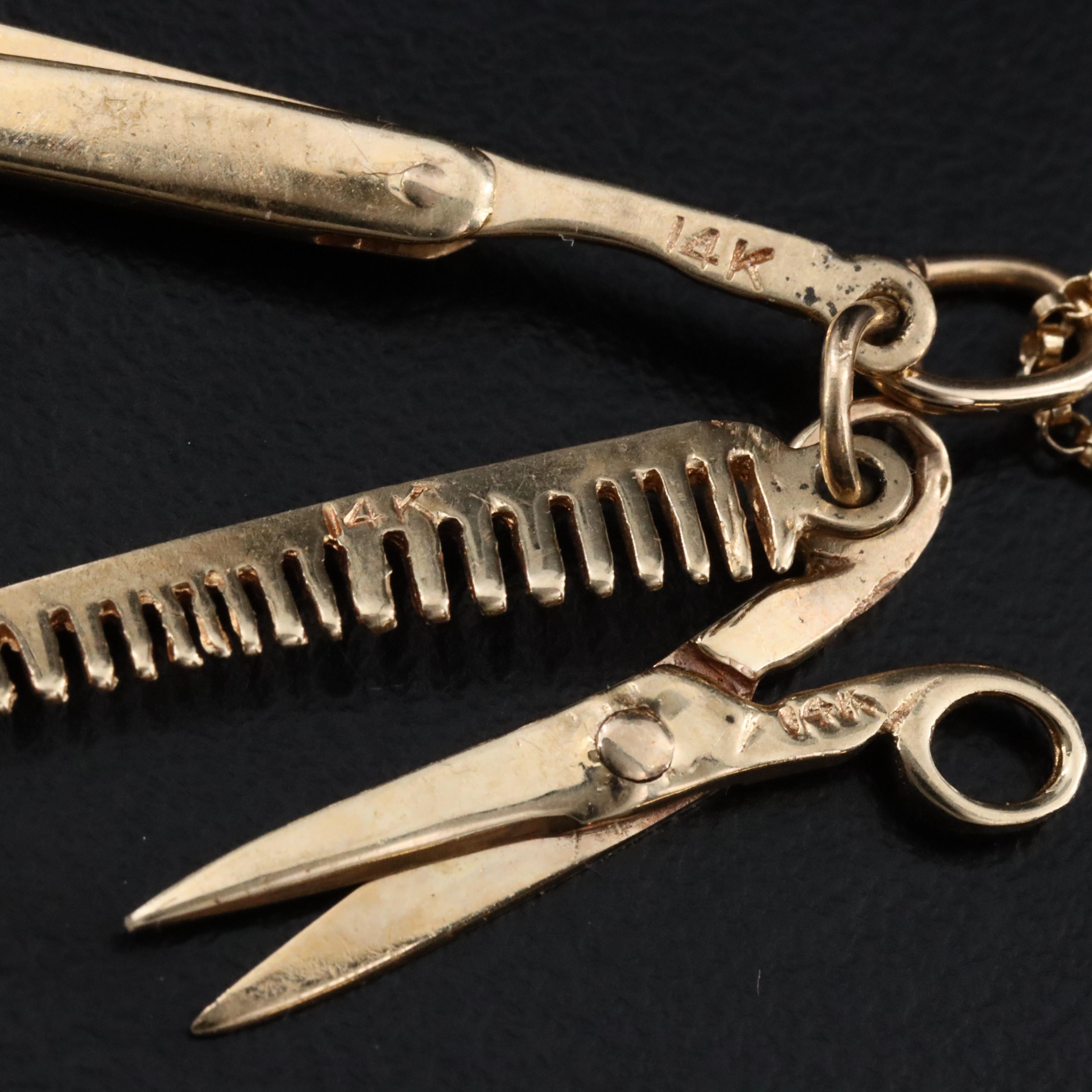 14K Razor, Comb and Scissor Charm Necklace