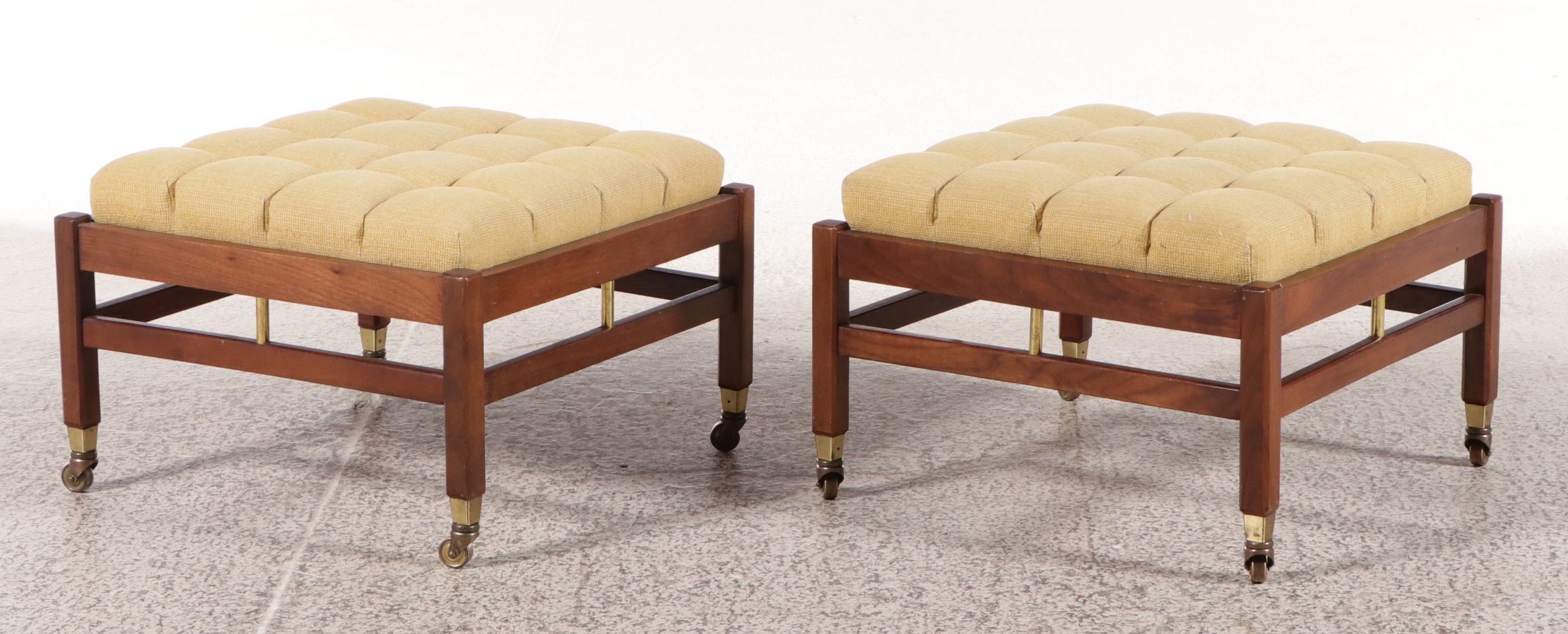 Pair of Mid Century Modern Walnut and Brass Tufted Ottomans