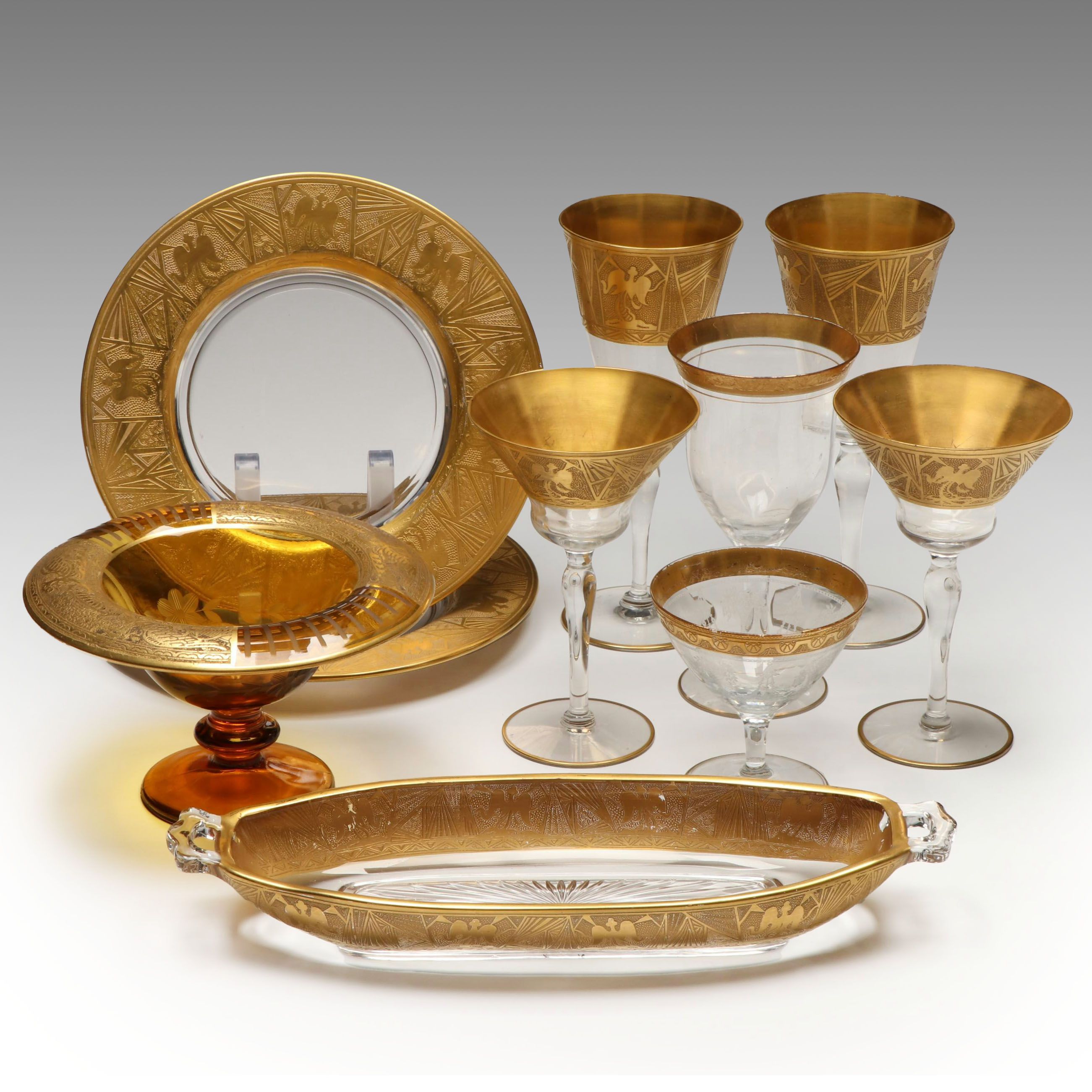 Engraved Gilt Edge Glass Compote Bowl, Wine Glasses and Other Serving Dishes