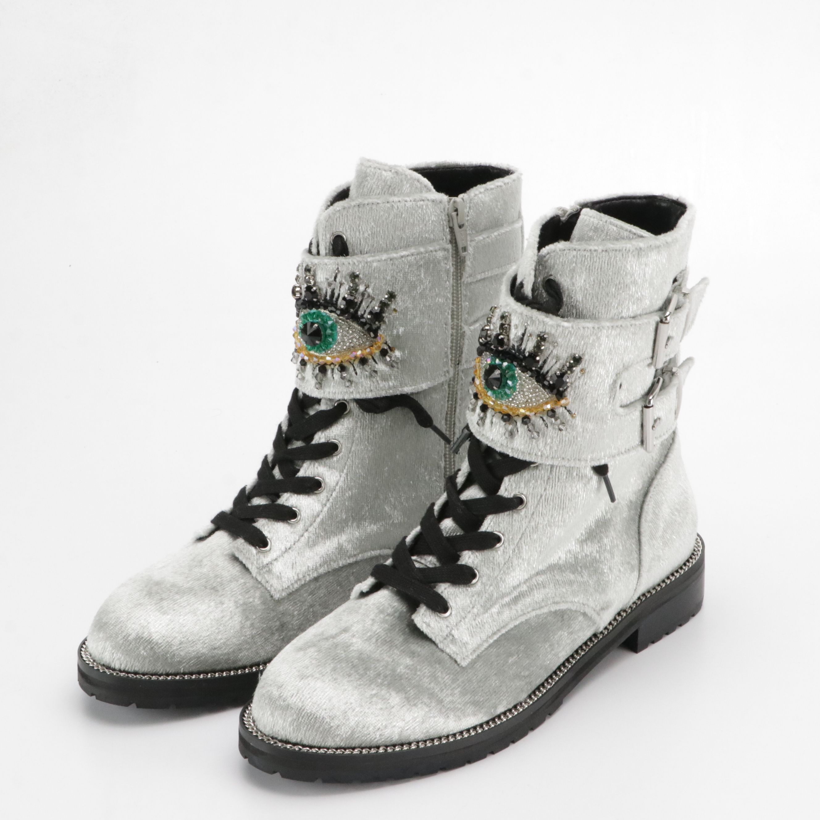 Kurt Geiger Sutton Eye Embellished Combat Boot in Silver