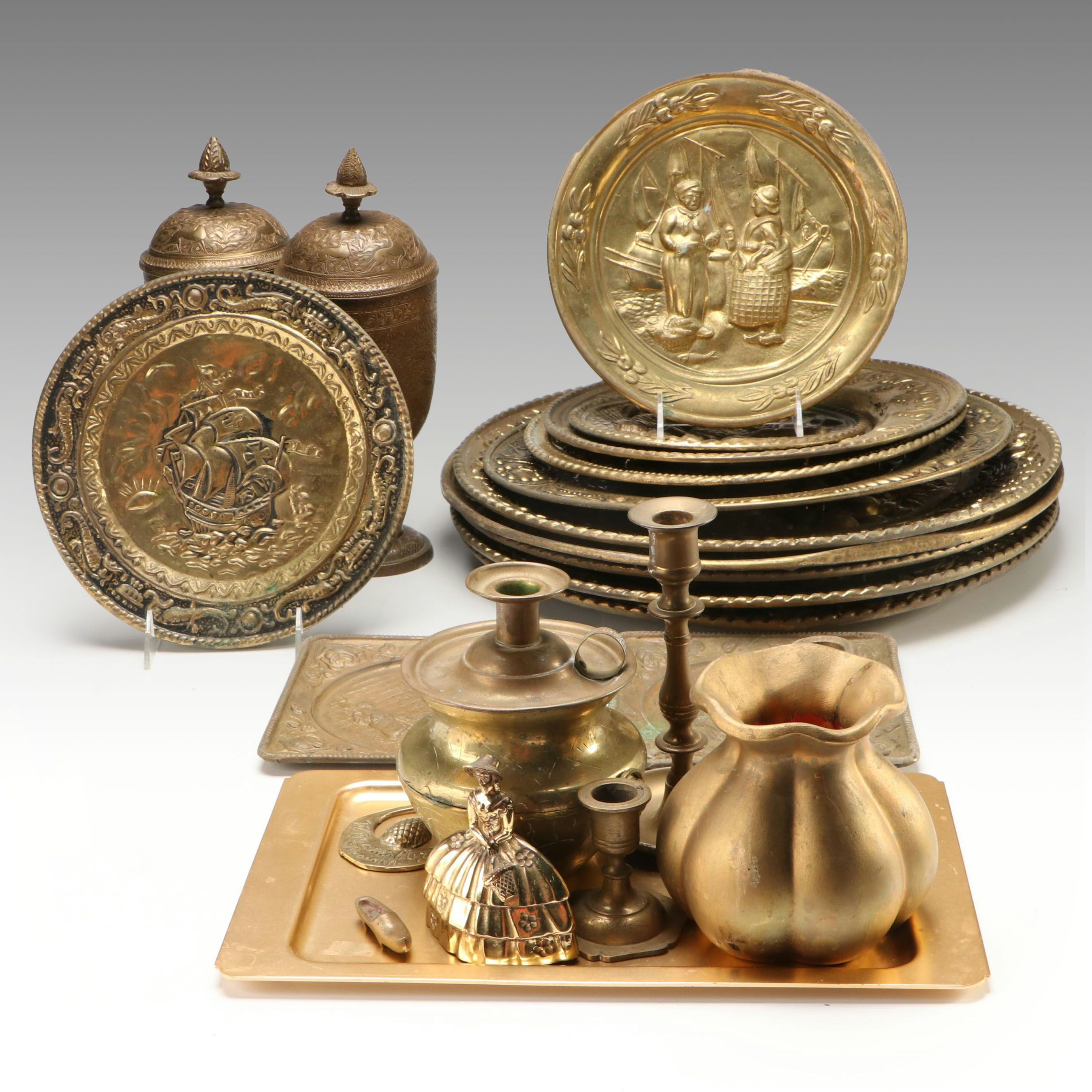 Etched Brass Urns, Brass Figural Bell, Candle Holders and More Décor