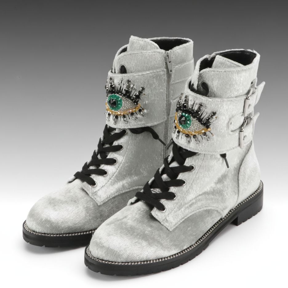 Kurt Geiger Sutton Eye Embellished Combat Boot in Silver