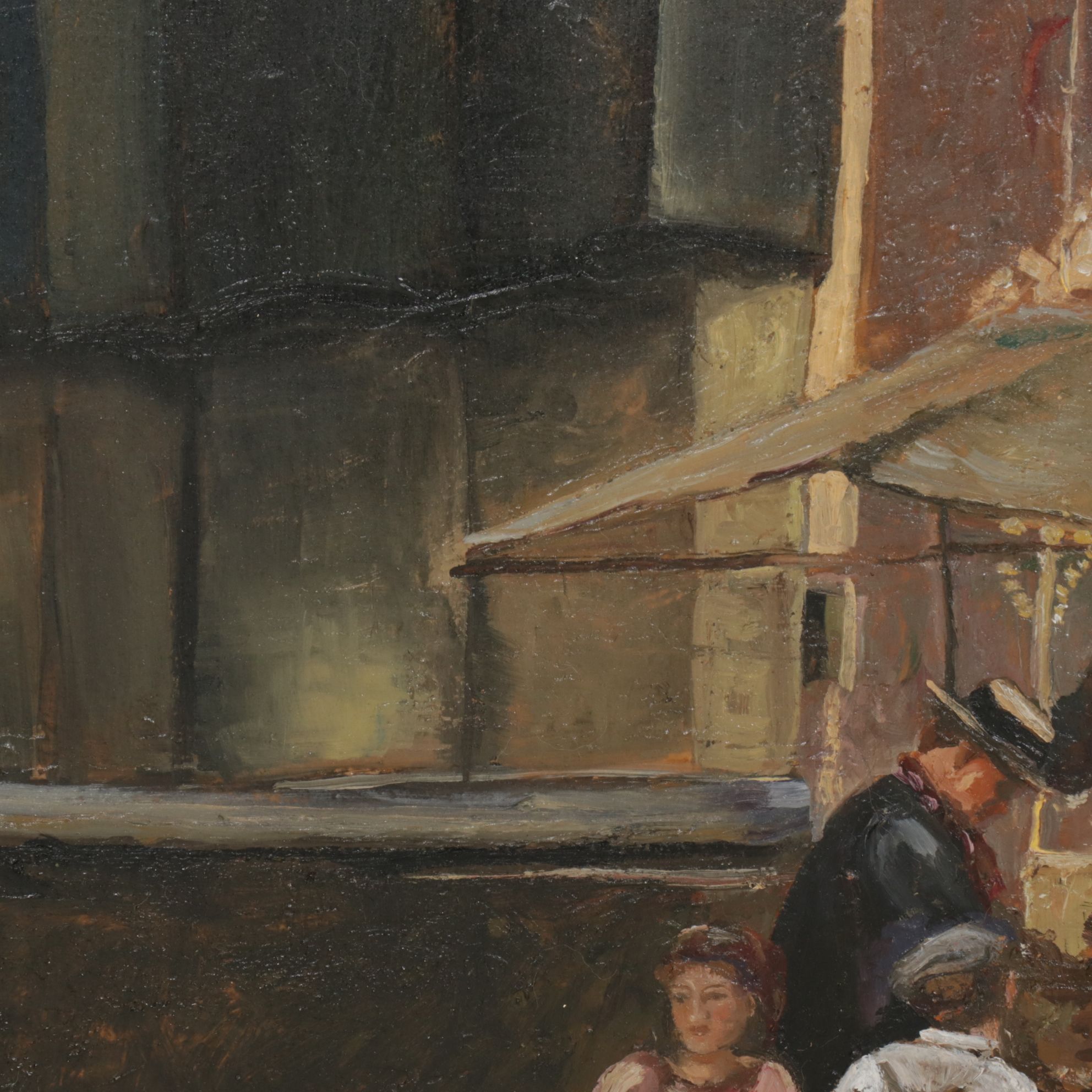 Impressionist Oil Painting of Patrons in a Busy Market Street, 17th Century