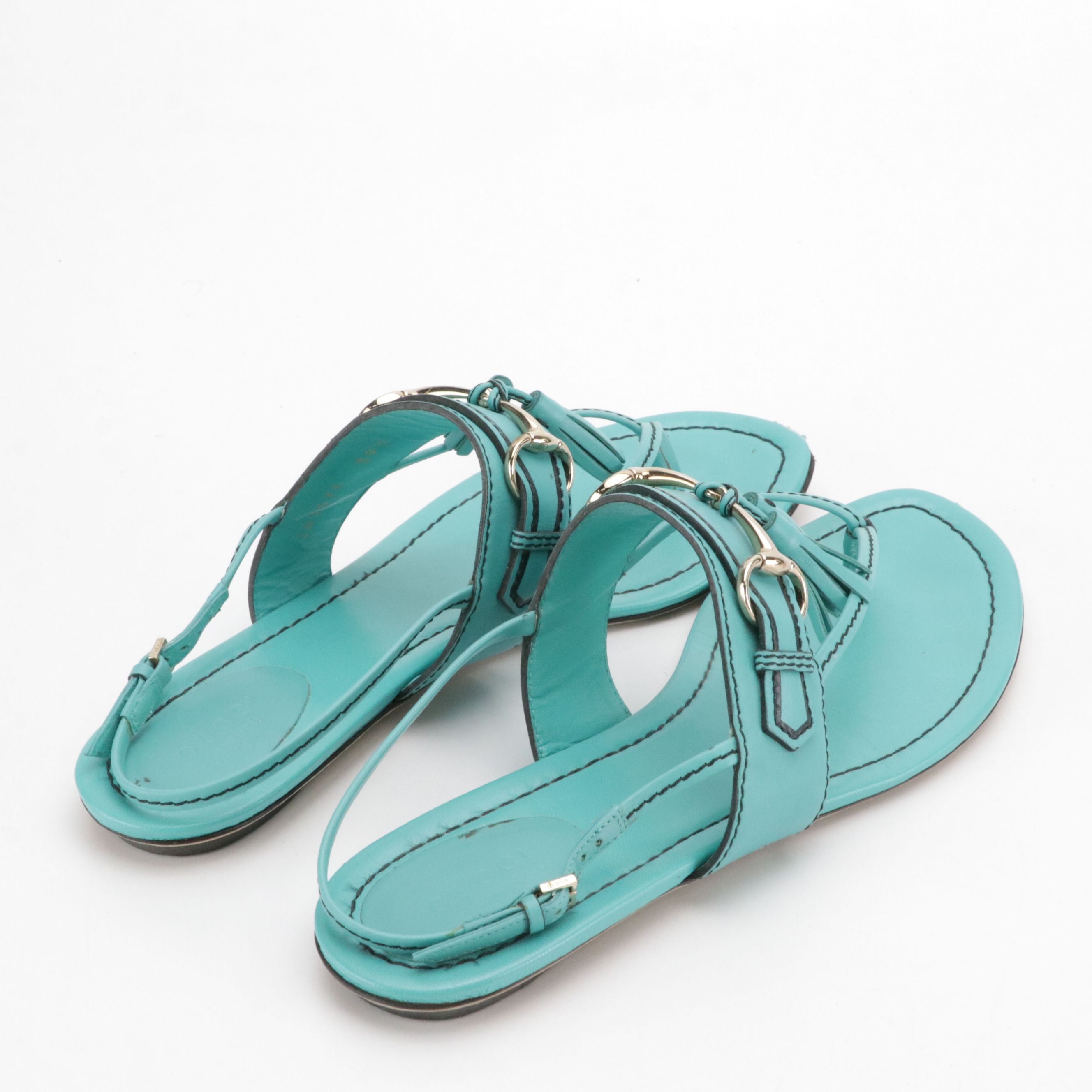 Gucci Horsebit Tassel Thong Sandals in Turquoise Leather with Box