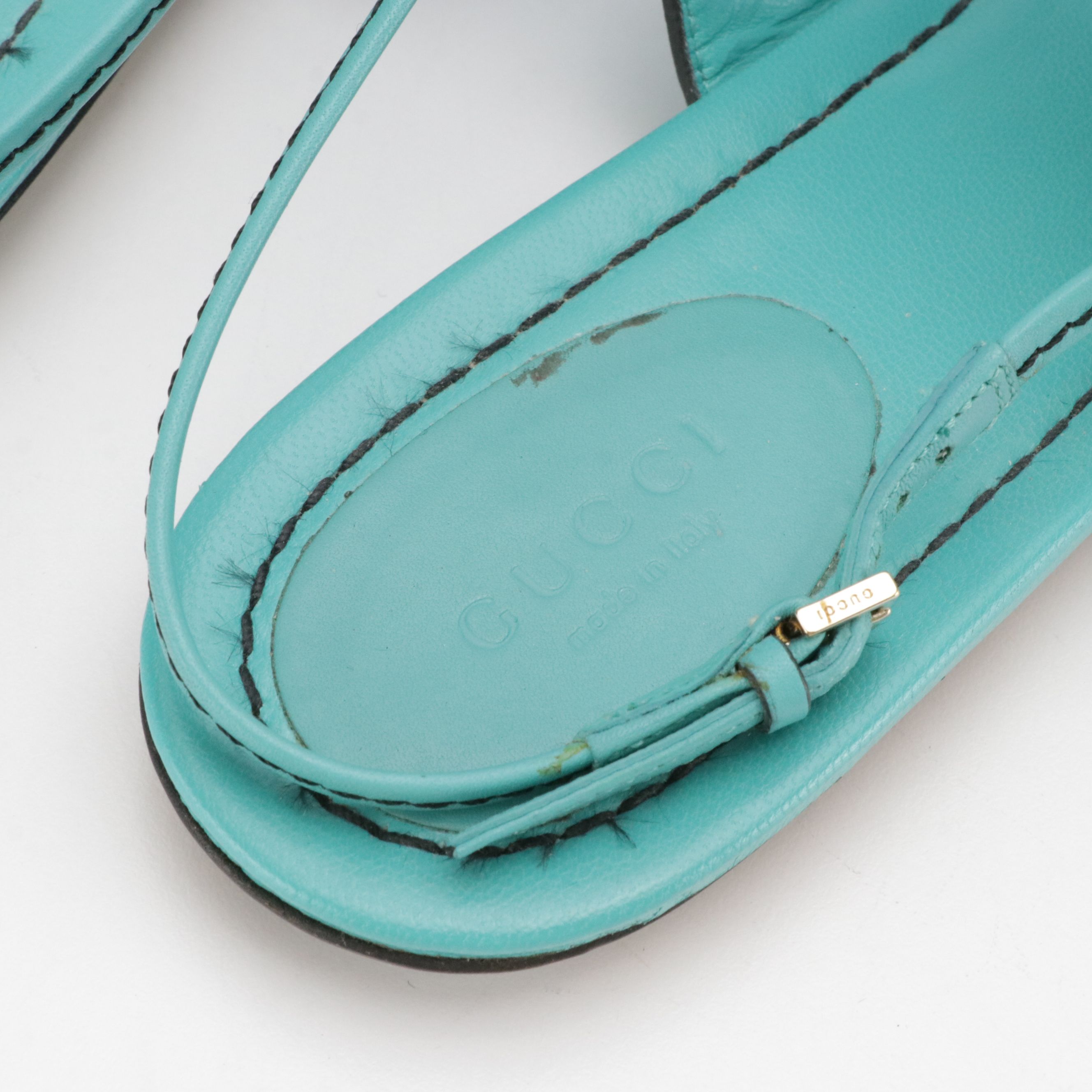 Gucci Horsebit Tassel Thong Sandals in Turquoise Leather with Box