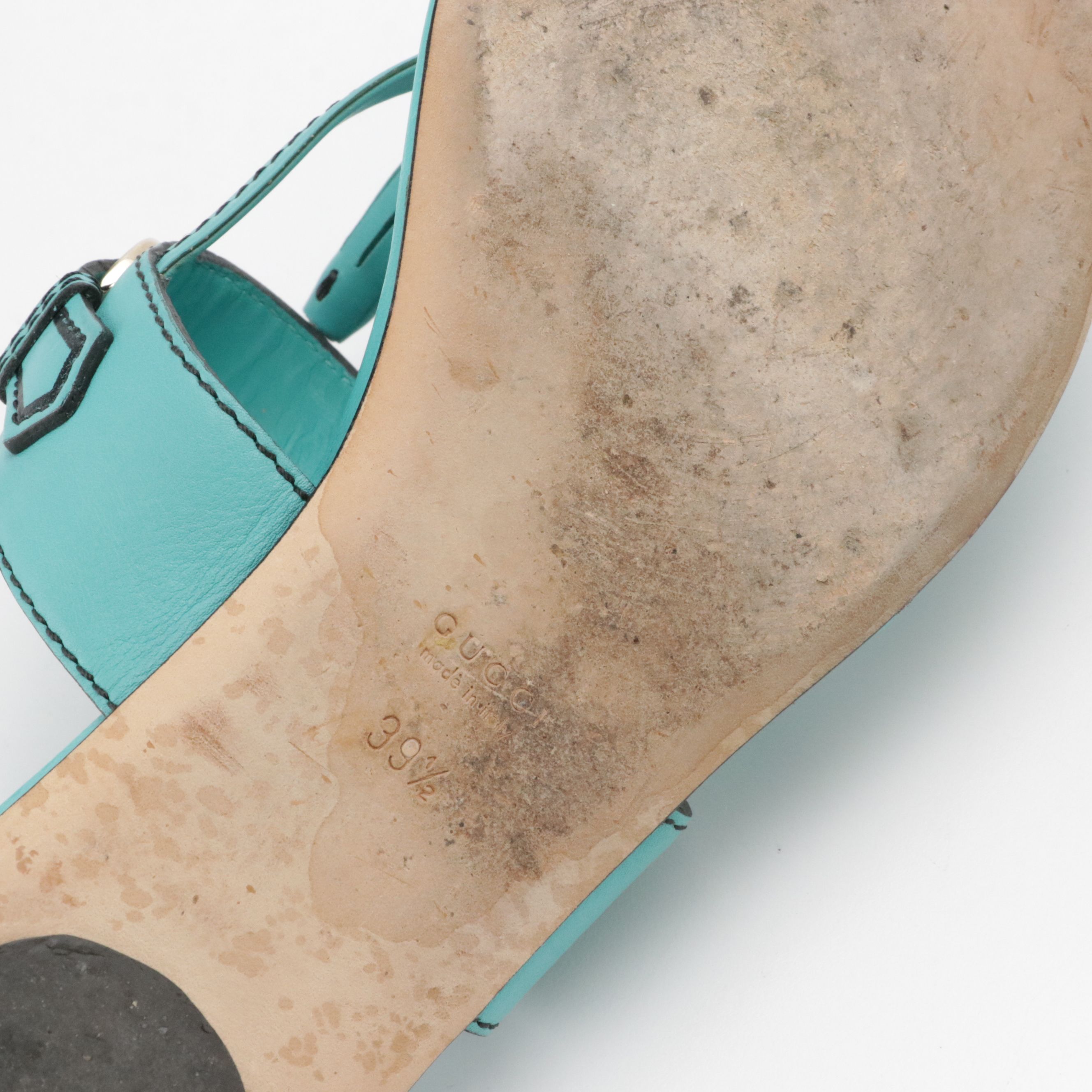 Gucci Horsebit Tassel Thong Sandals in Turquoise Leather with Box