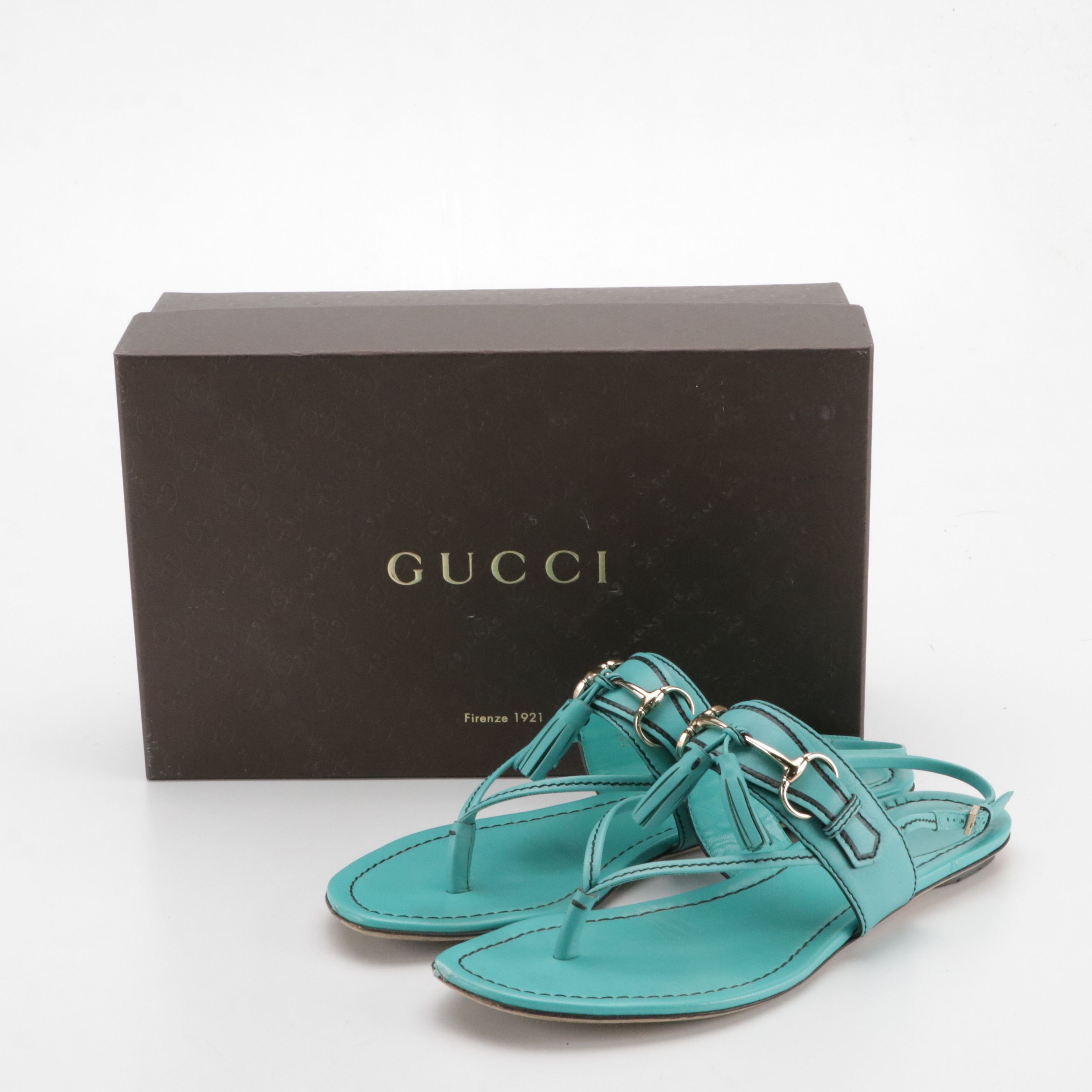 Gucci Horsebit Tassel Thong Sandals in Turquoise Leather with Box