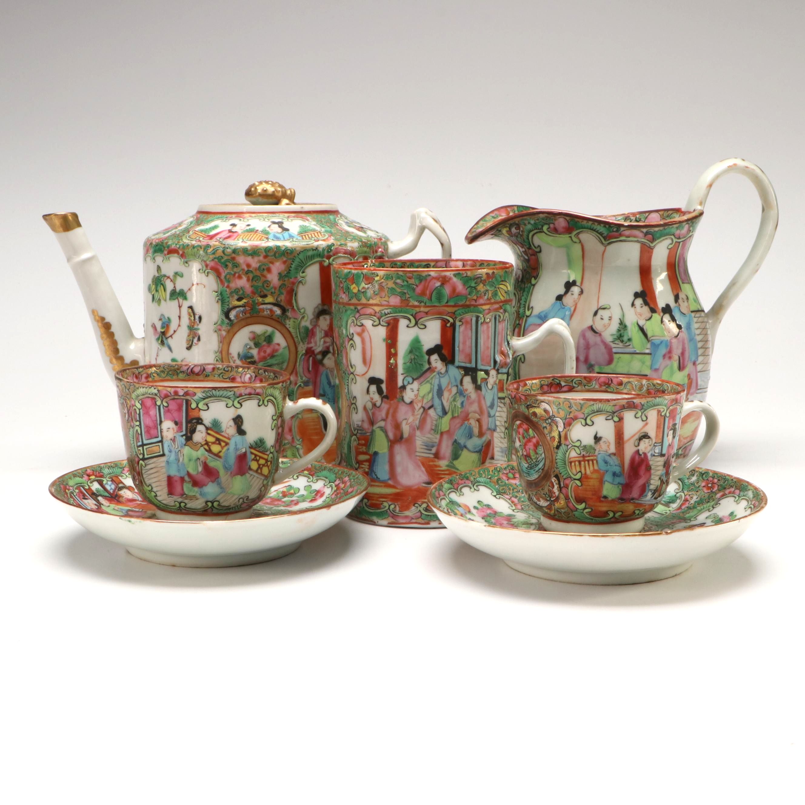 Chinese Rose Medallion Porcelain Teapot and Pitcher with Cups and Saucers