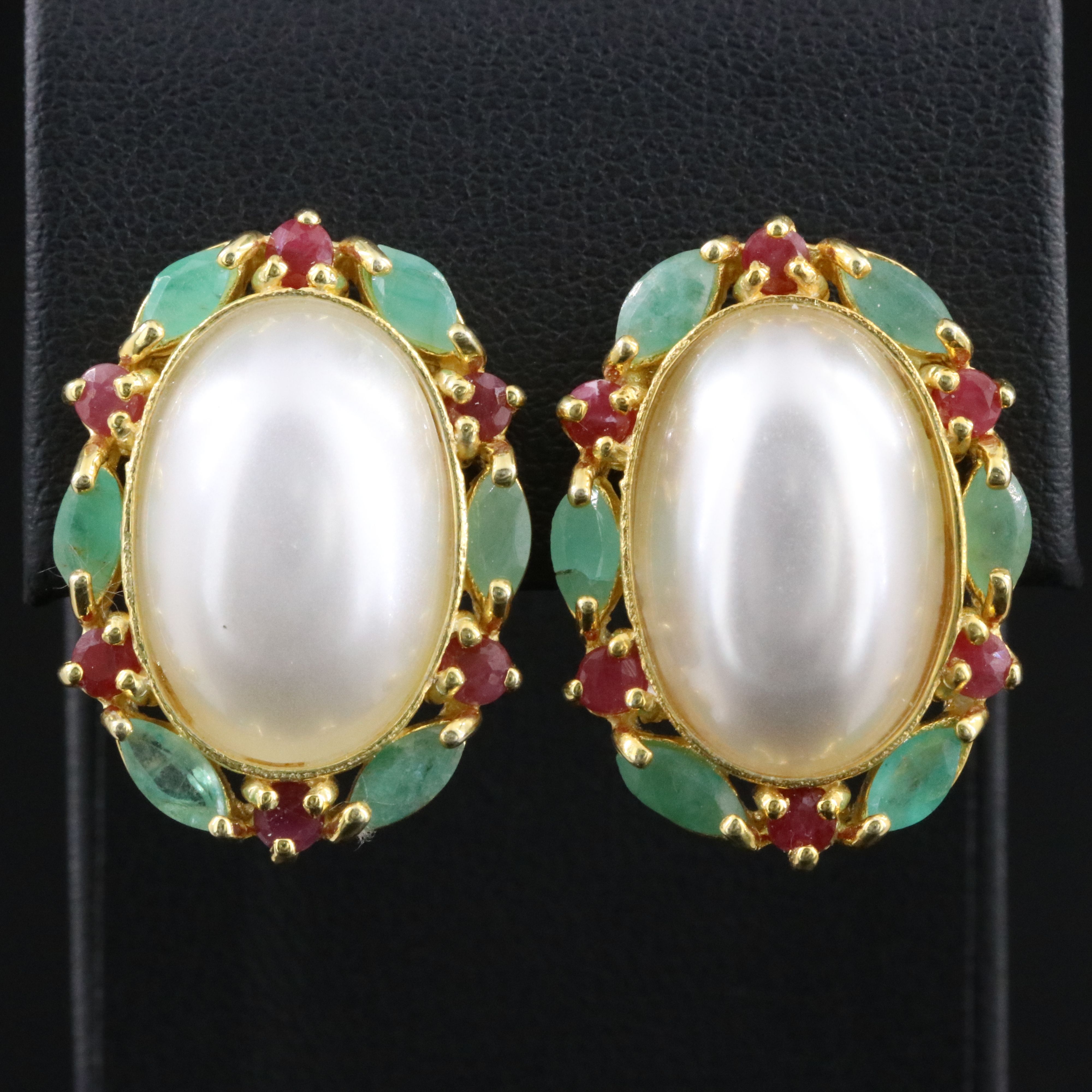 Sterling Faux Pearl, Ruby and Amethyst Button Earrings