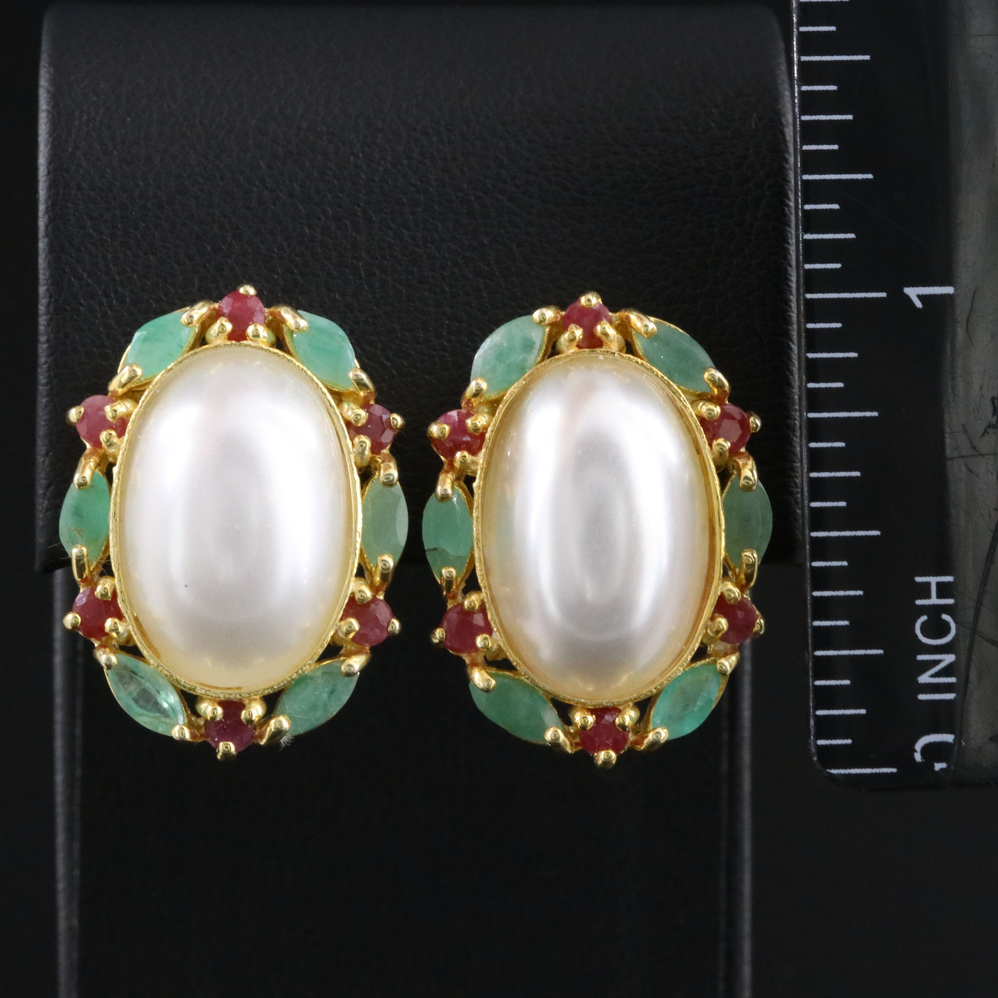 Sterling Faux Pearl, Ruby and Amethyst Button Earrings