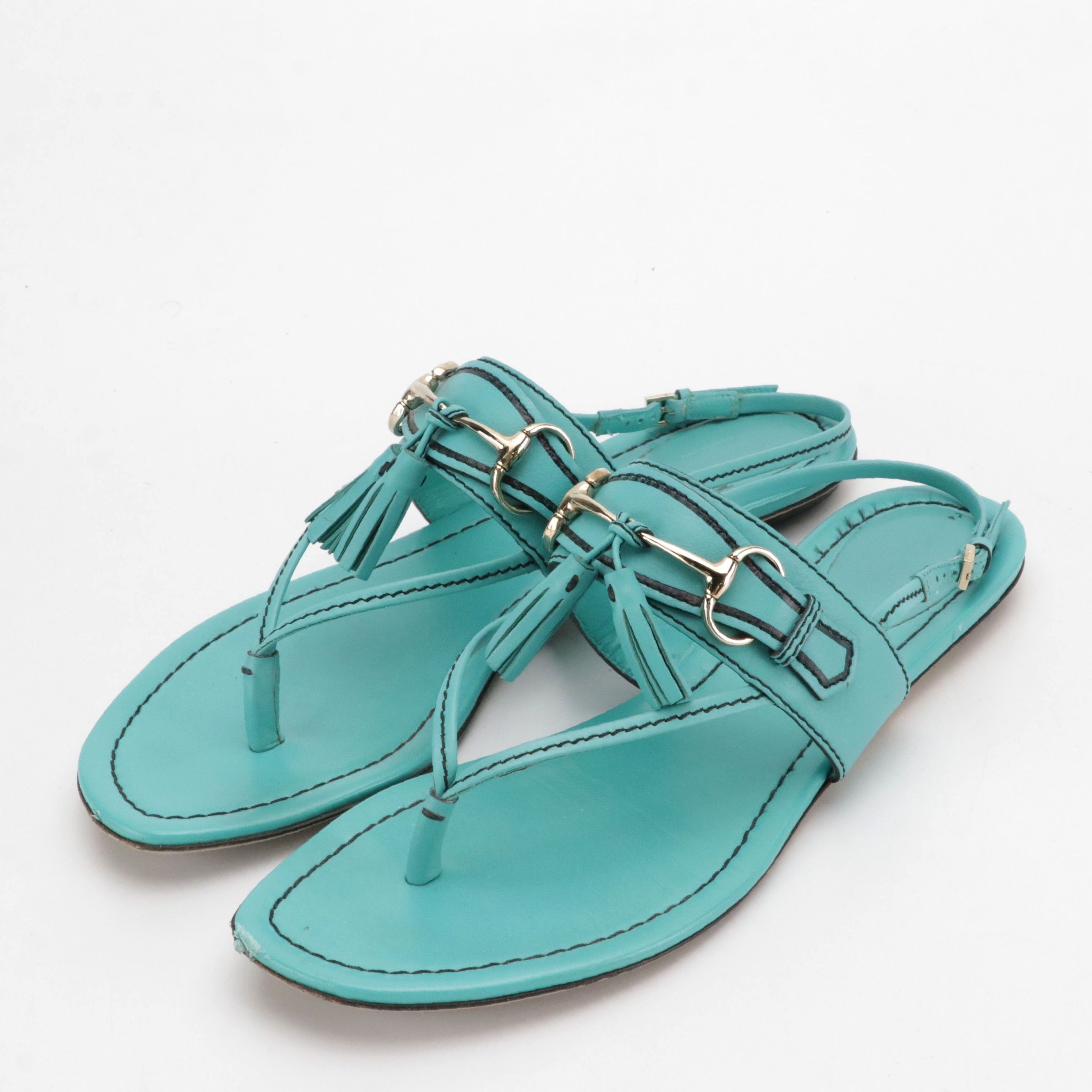 Gucci Horsebit Tassel Thong Sandals in Turquoise Leather with Box