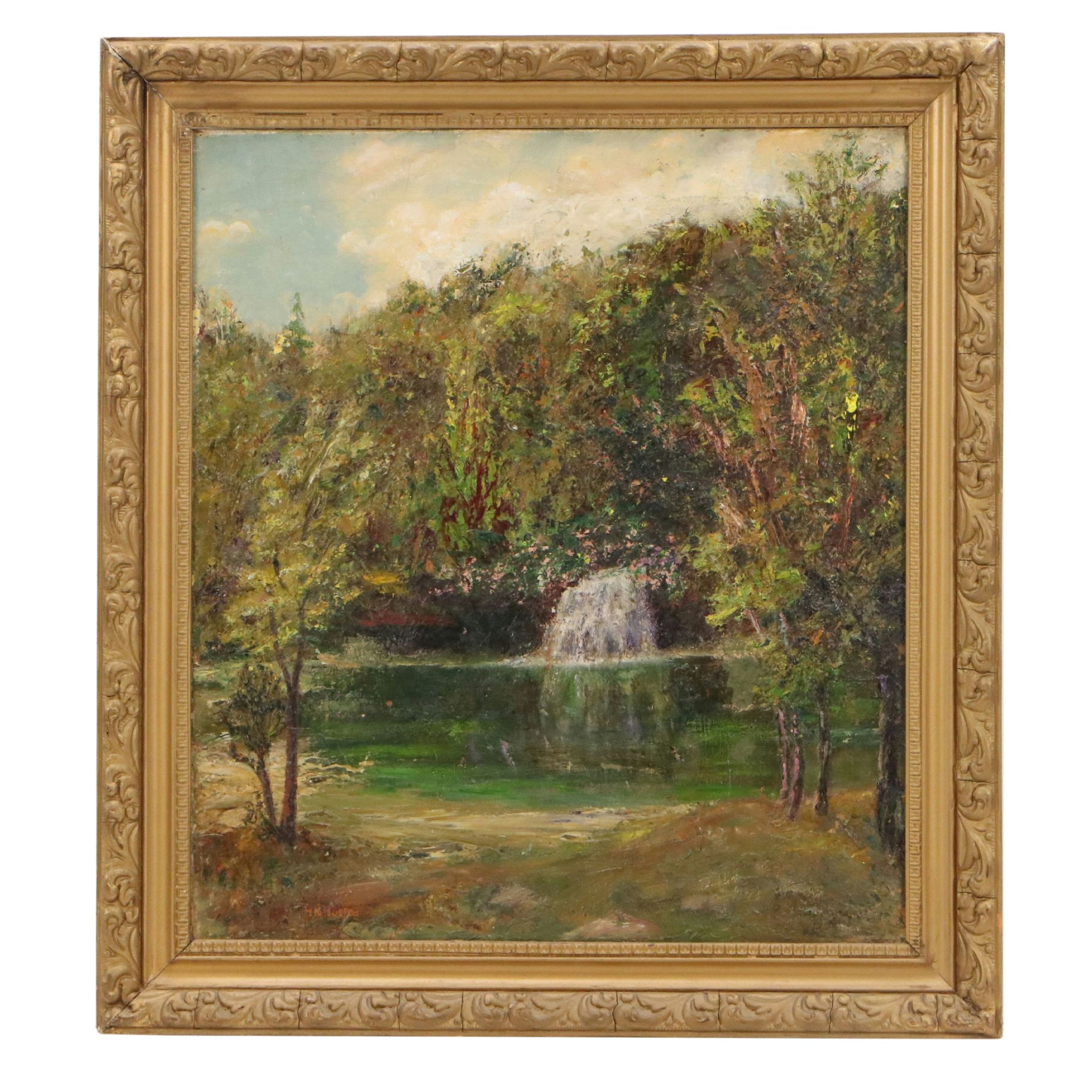 Landscape Oil Painting of Waterfall, 19th - Early 20th Century