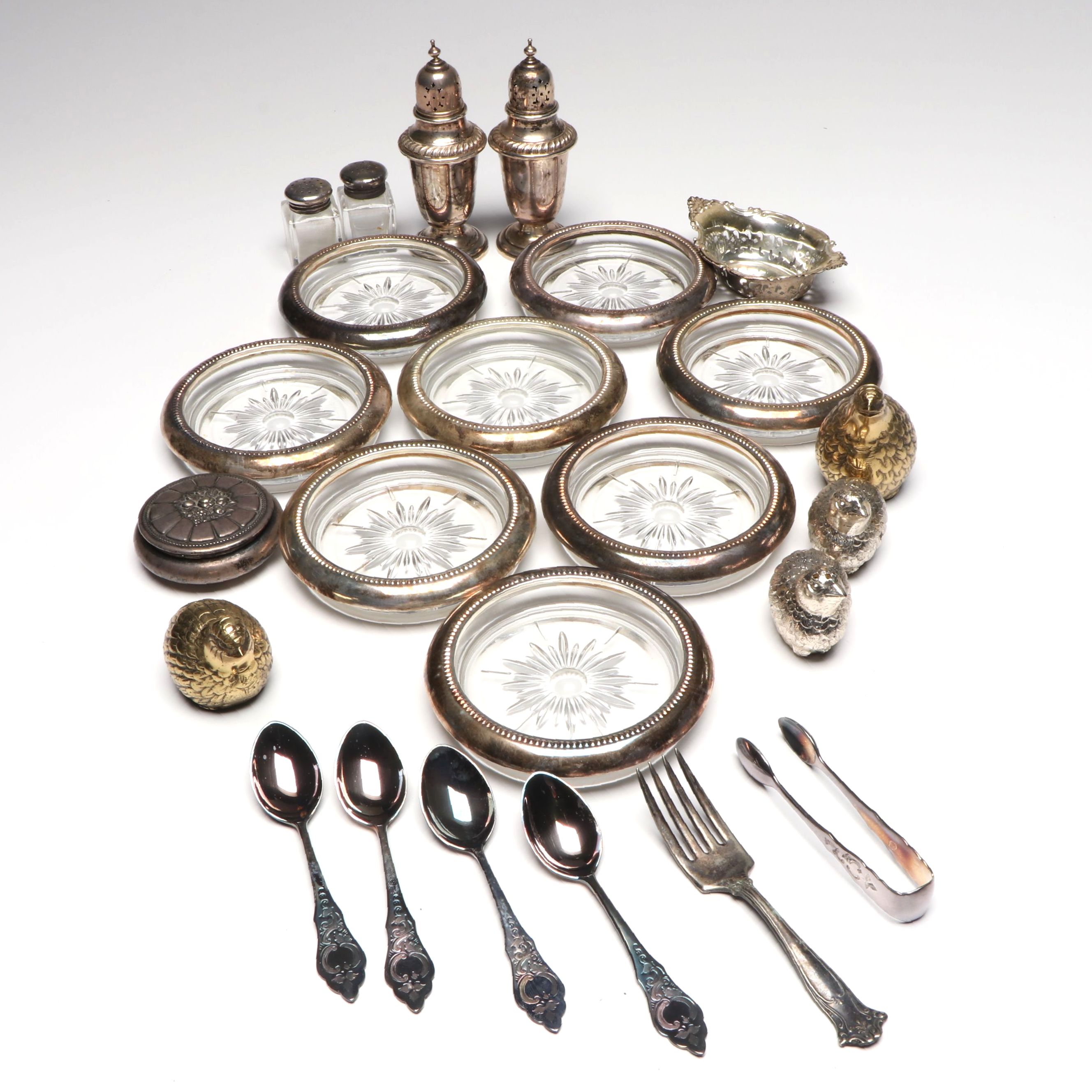 Gorham Sterling Silver Shakers and Bowl with Other Metal and Glass Tableware