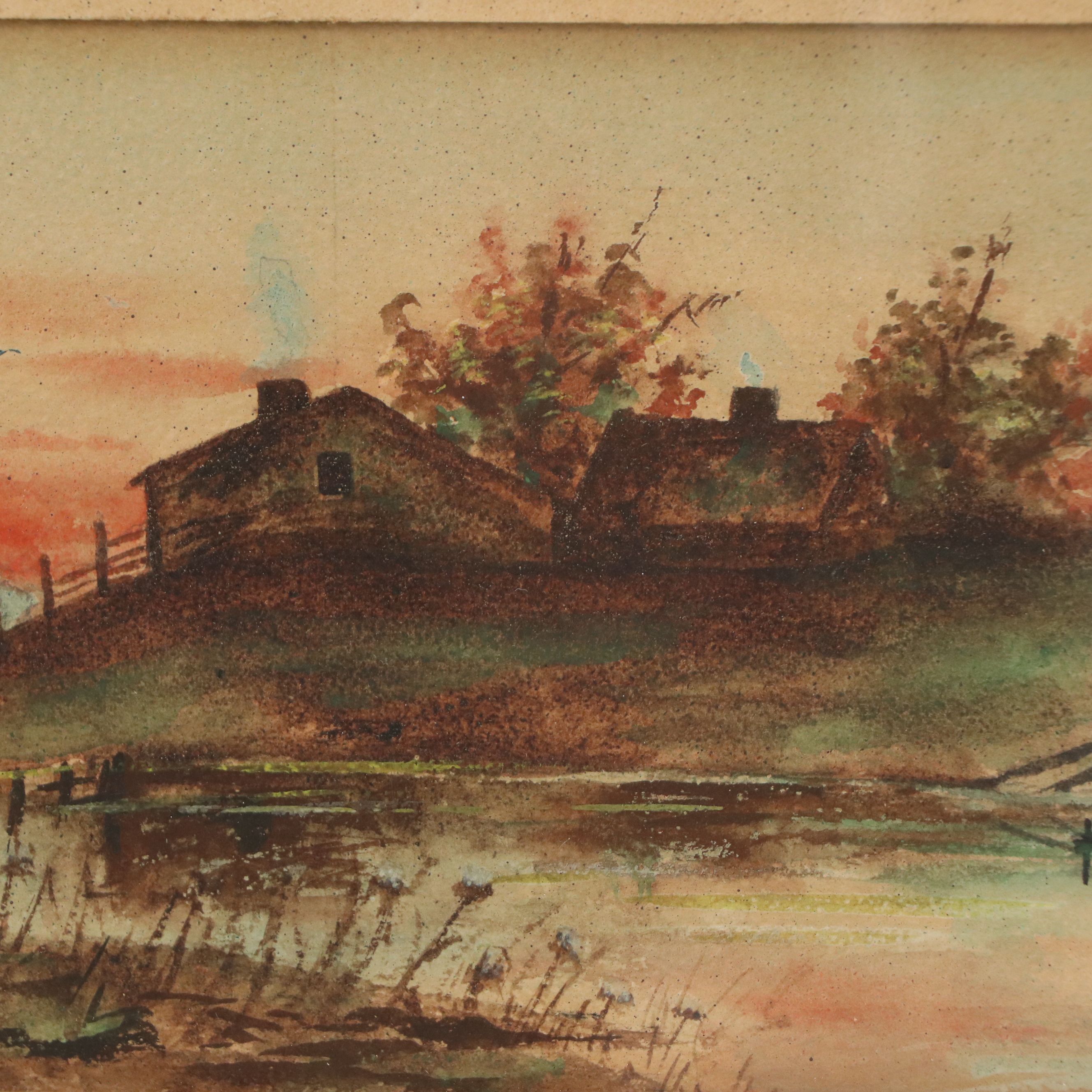 Farm Landscape Watercolor Painting, Circa 1910