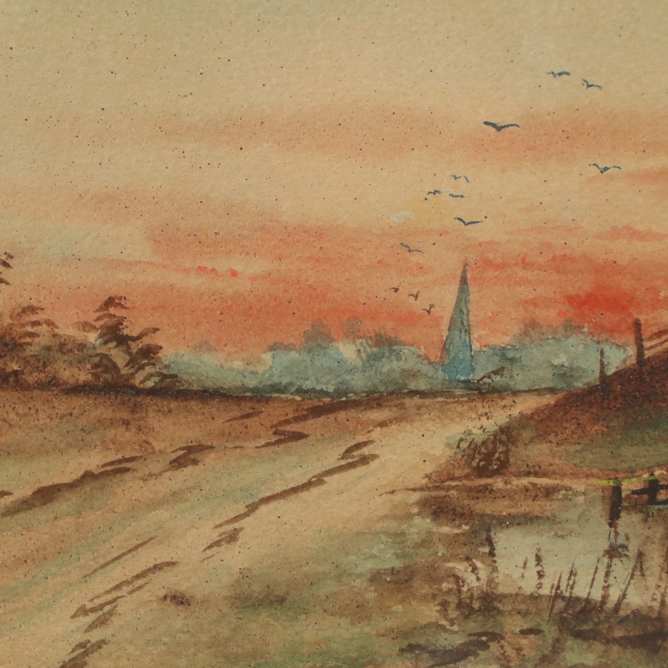 Farm Landscape Watercolor Painting, Circa 1910