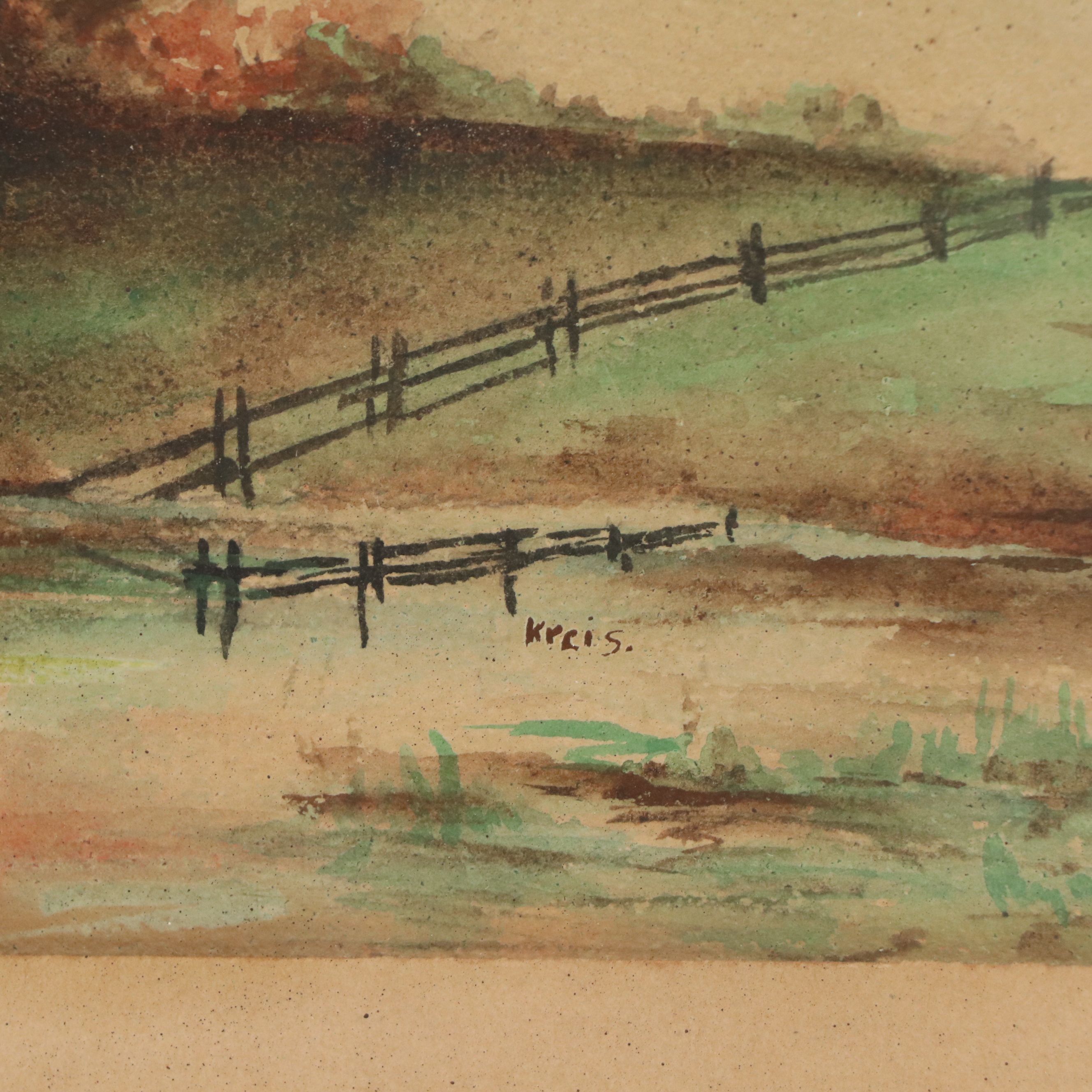 Farm Landscape Watercolor Painting, Circa 1910