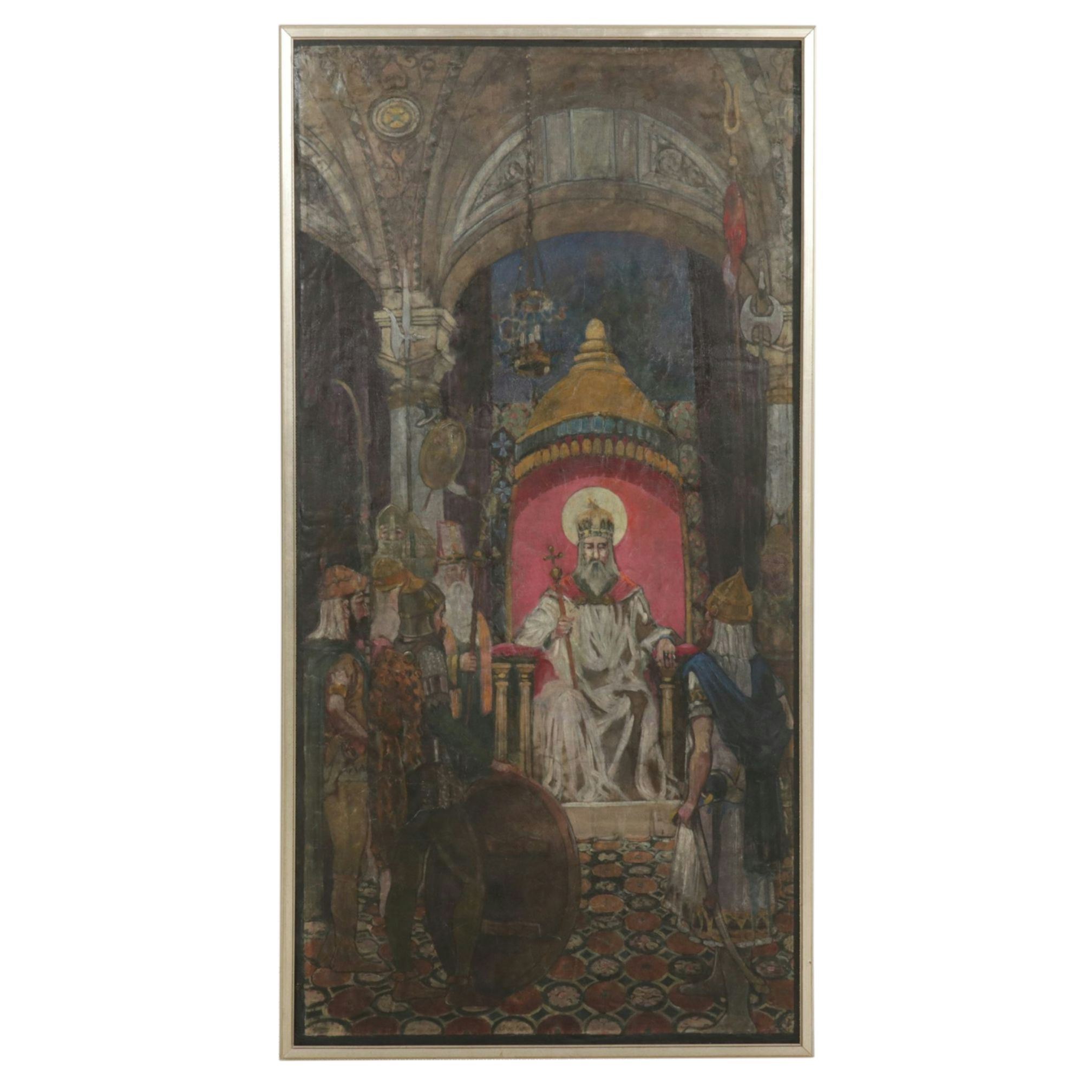 Oil Painting Scene of a Throned King and Subjects in a Dimly Lit Interior Room