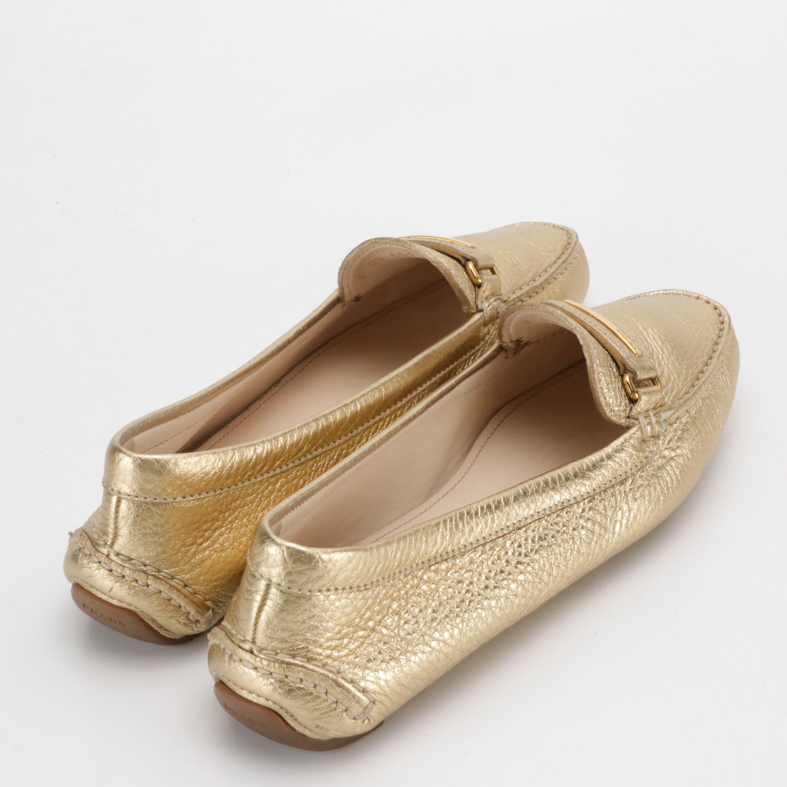 Prada Gold Metallic Leather Penny Loafers with Box