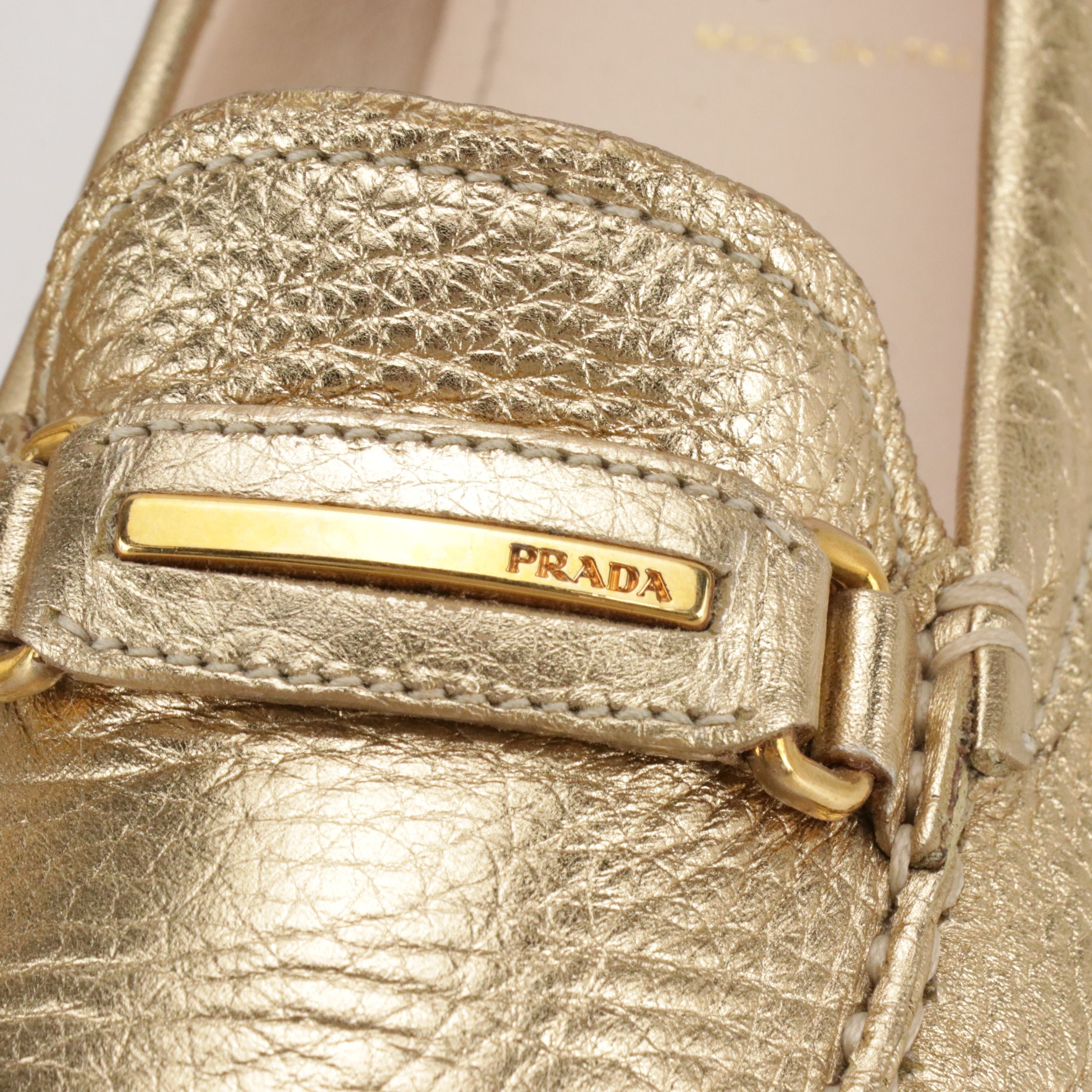 Prada Gold Metallic Leather Penny Loafers with Box