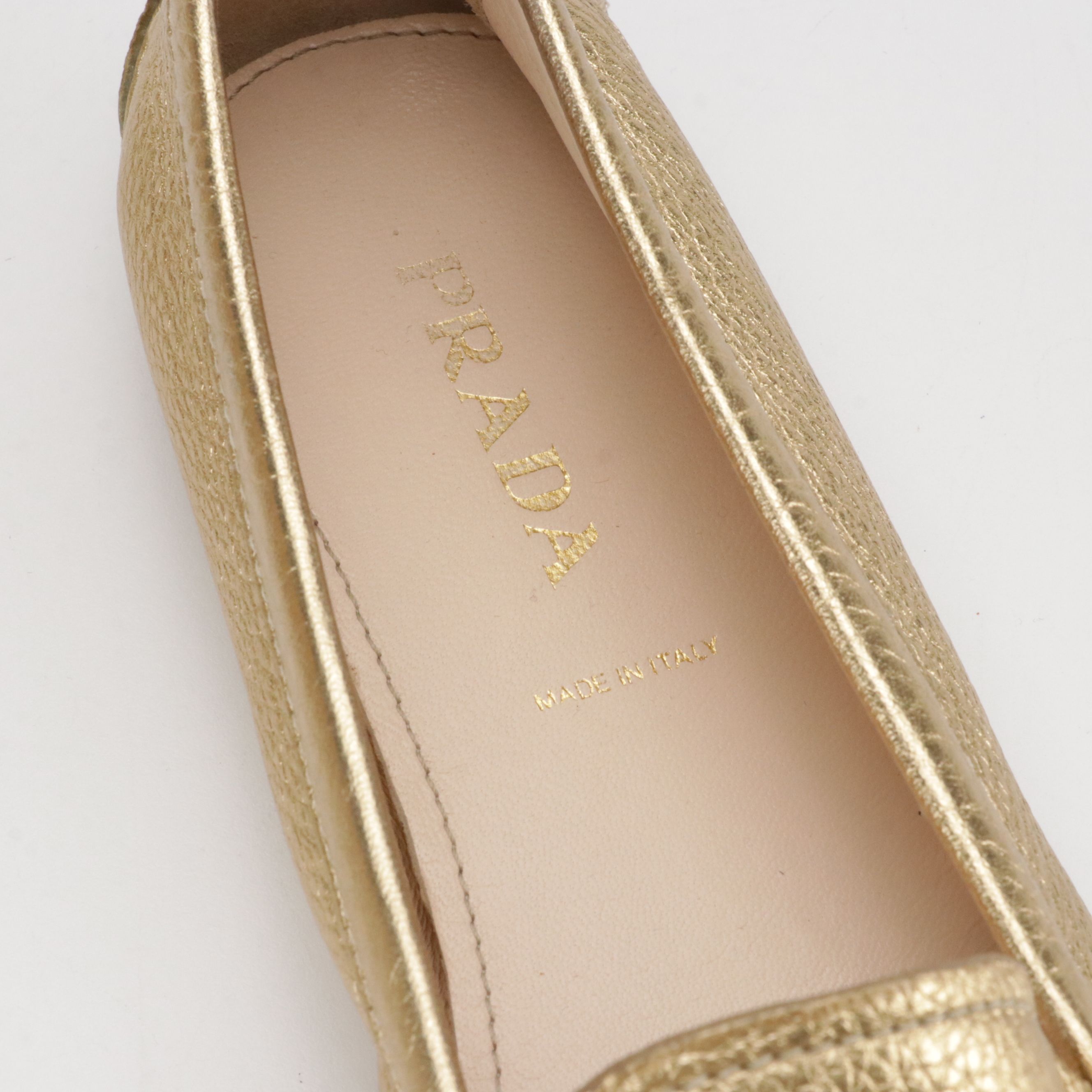 Prada Gold Metallic Leather Penny Loafers with Box