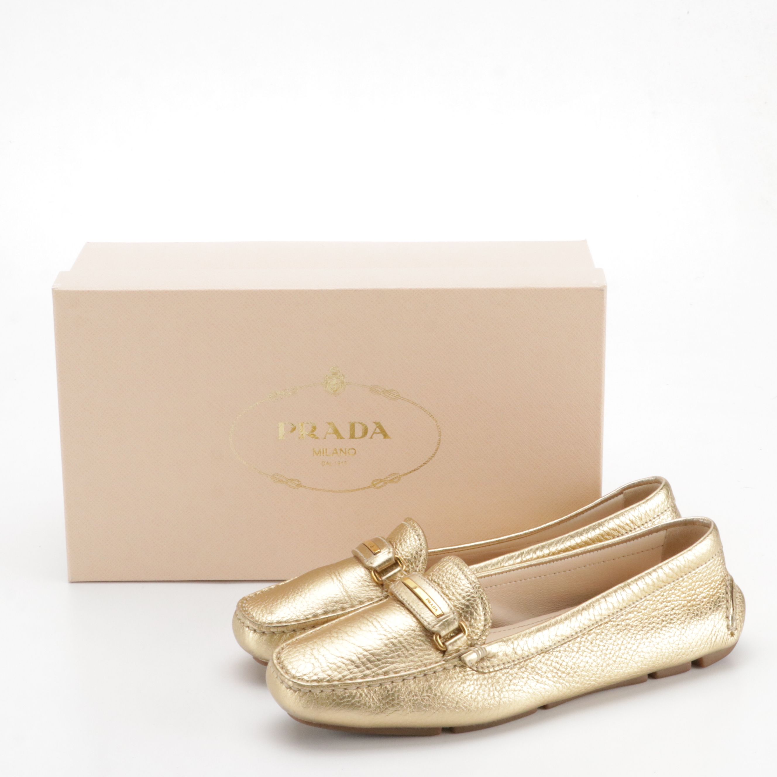 Prada Gold Metallic Leather Penny Loafers with Box