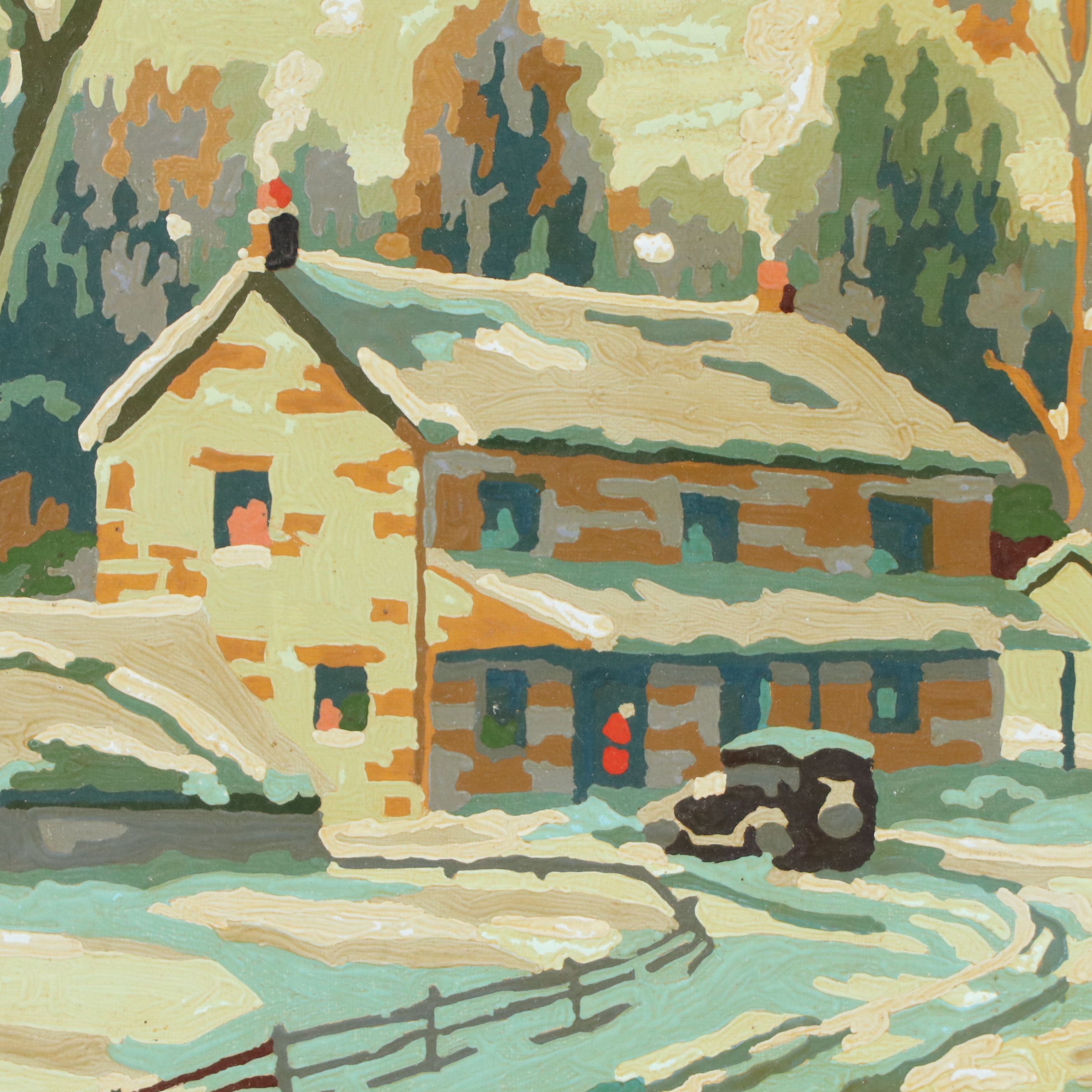 Oil Painting of Wintry Neighborhood Scene, Mid-20th Century