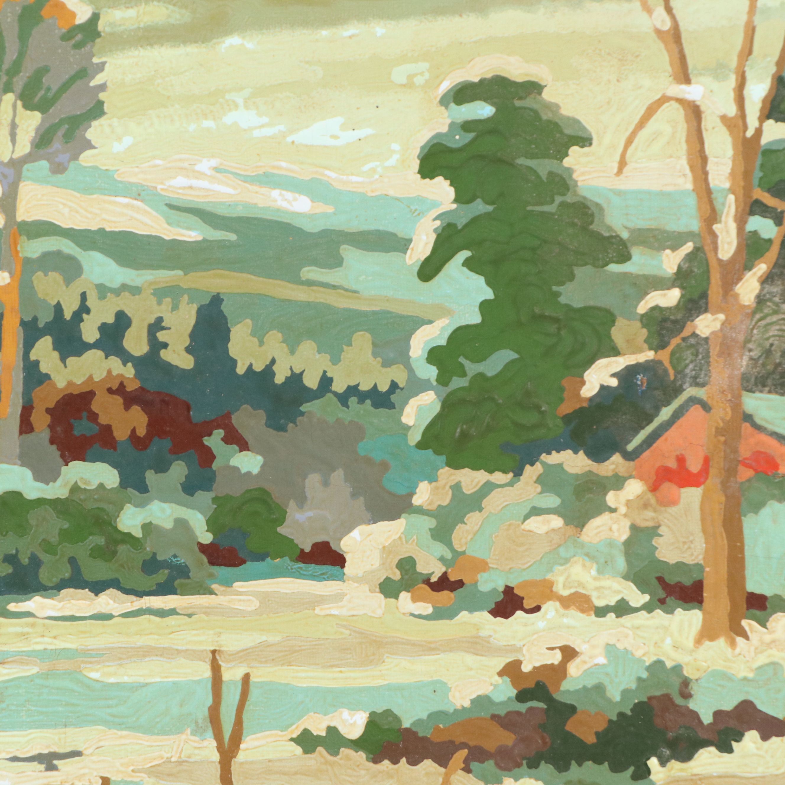 Oil Painting of Wintry Neighborhood Scene, Mid-20th Century