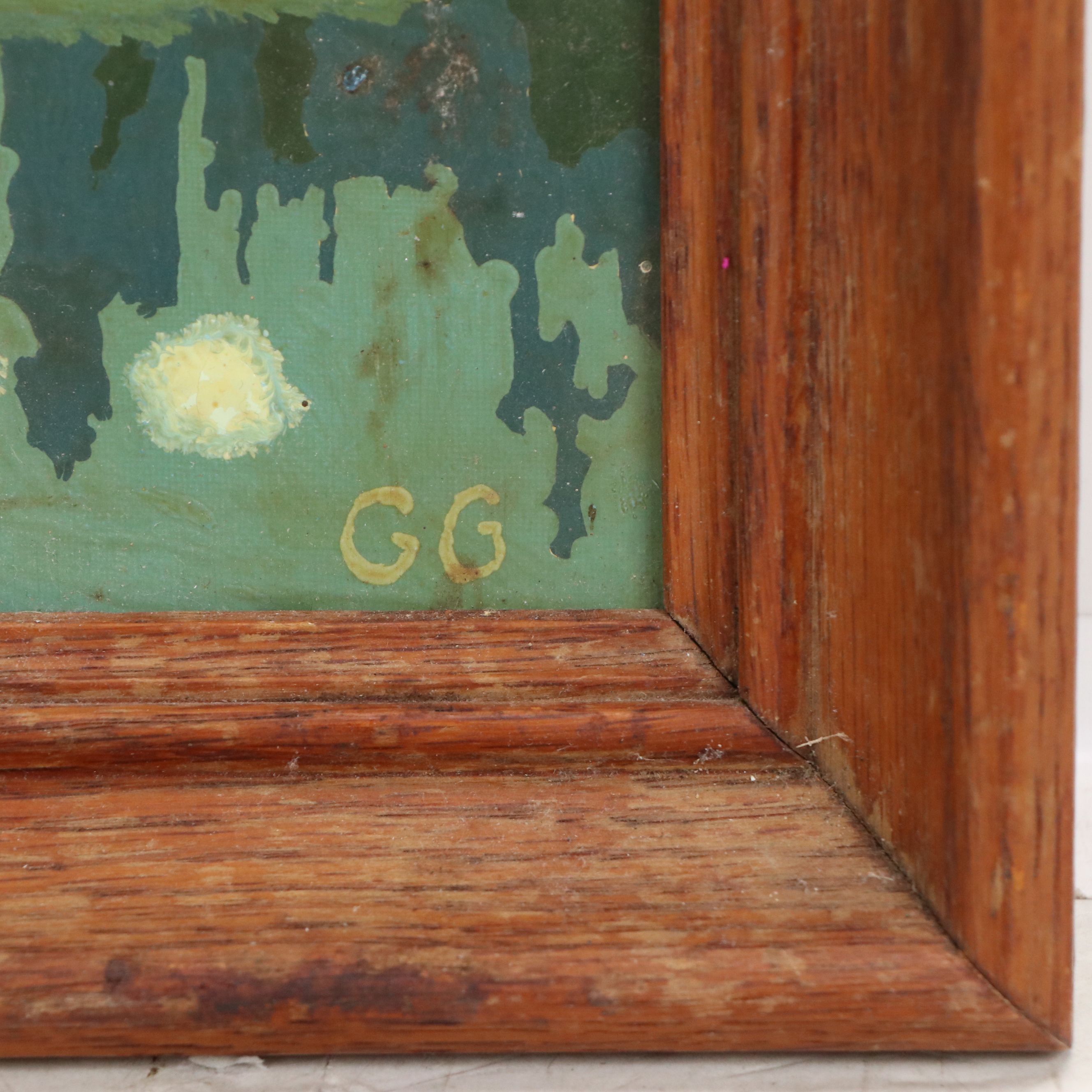 Oil Painting of Wintry Neighborhood Scene, Mid-20th Century