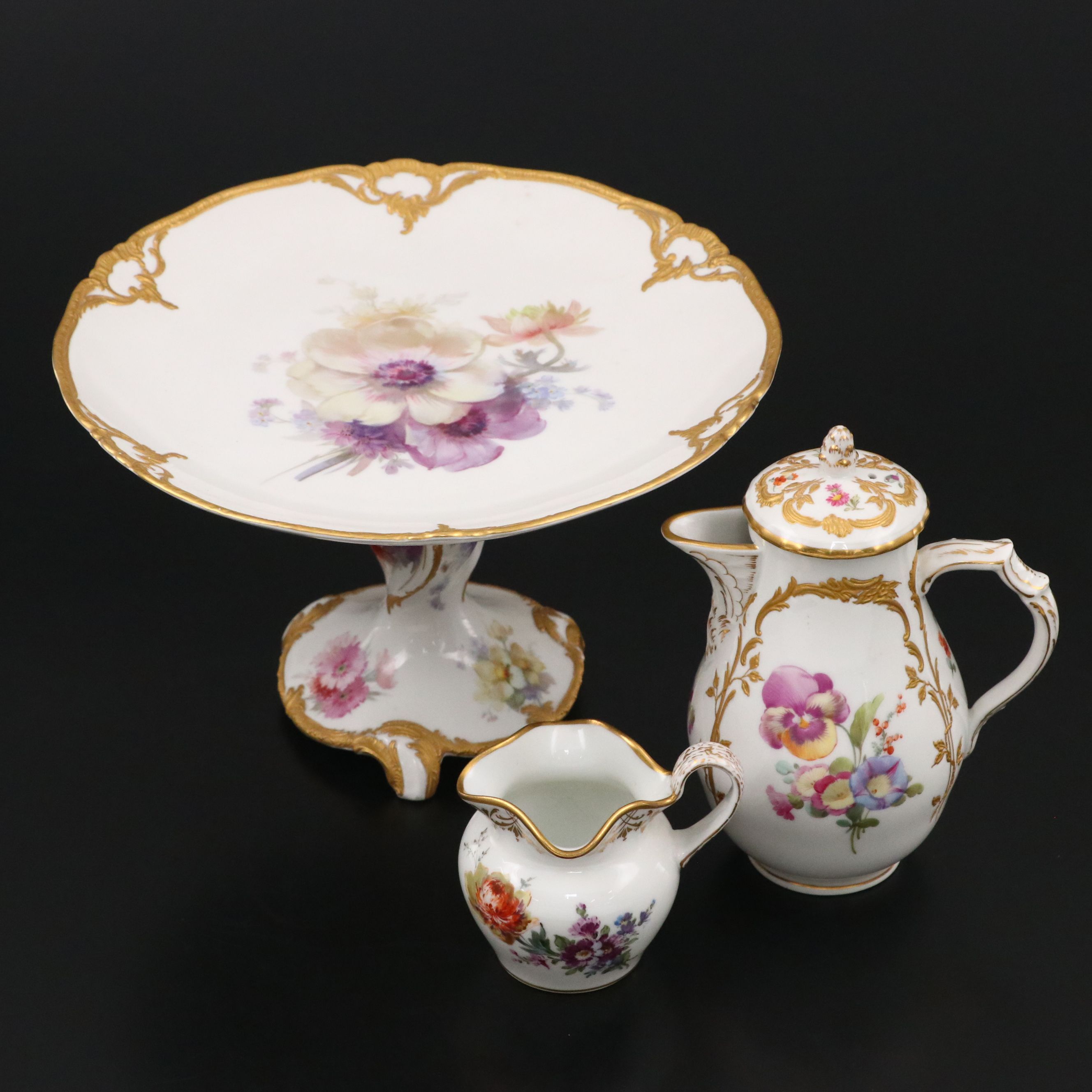 KPM Floral Gold Gilt Porcelain Cake Stand with Creamer and Sugar