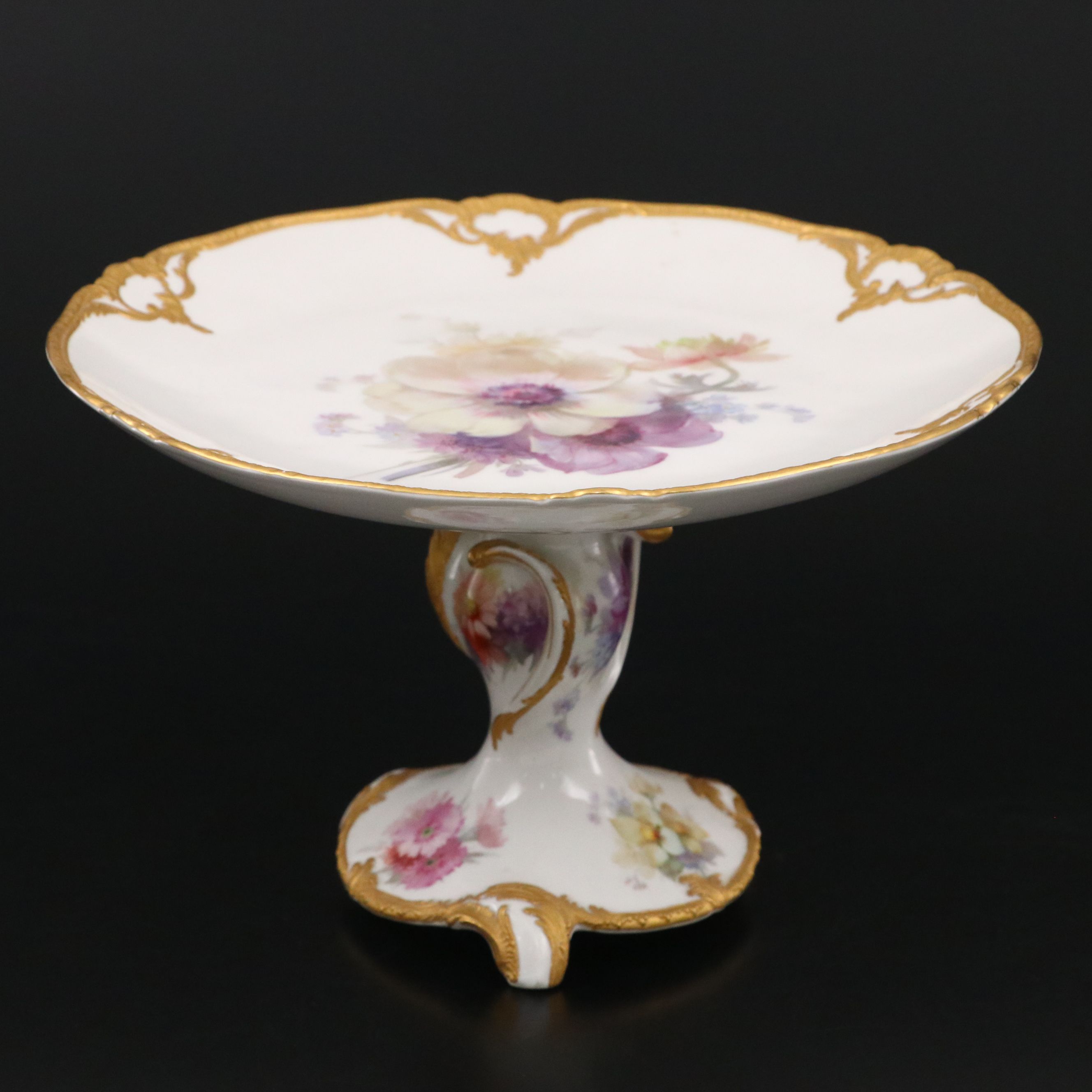 KPM Floral Gold Gilt Porcelain Cake Stand with Creamer and Sugar
