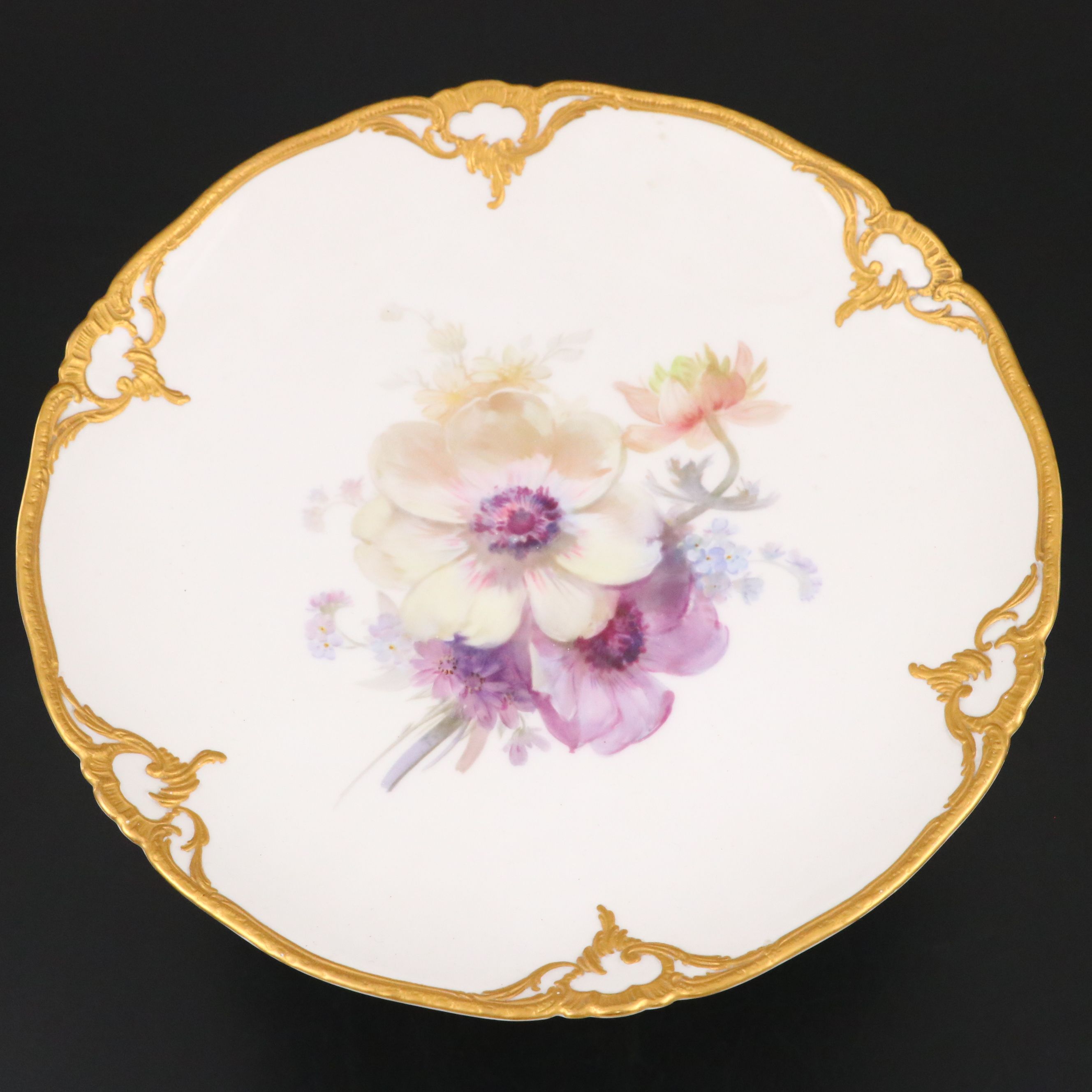 KPM Floral Gold Gilt Porcelain Cake Stand with Creamer and Sugar