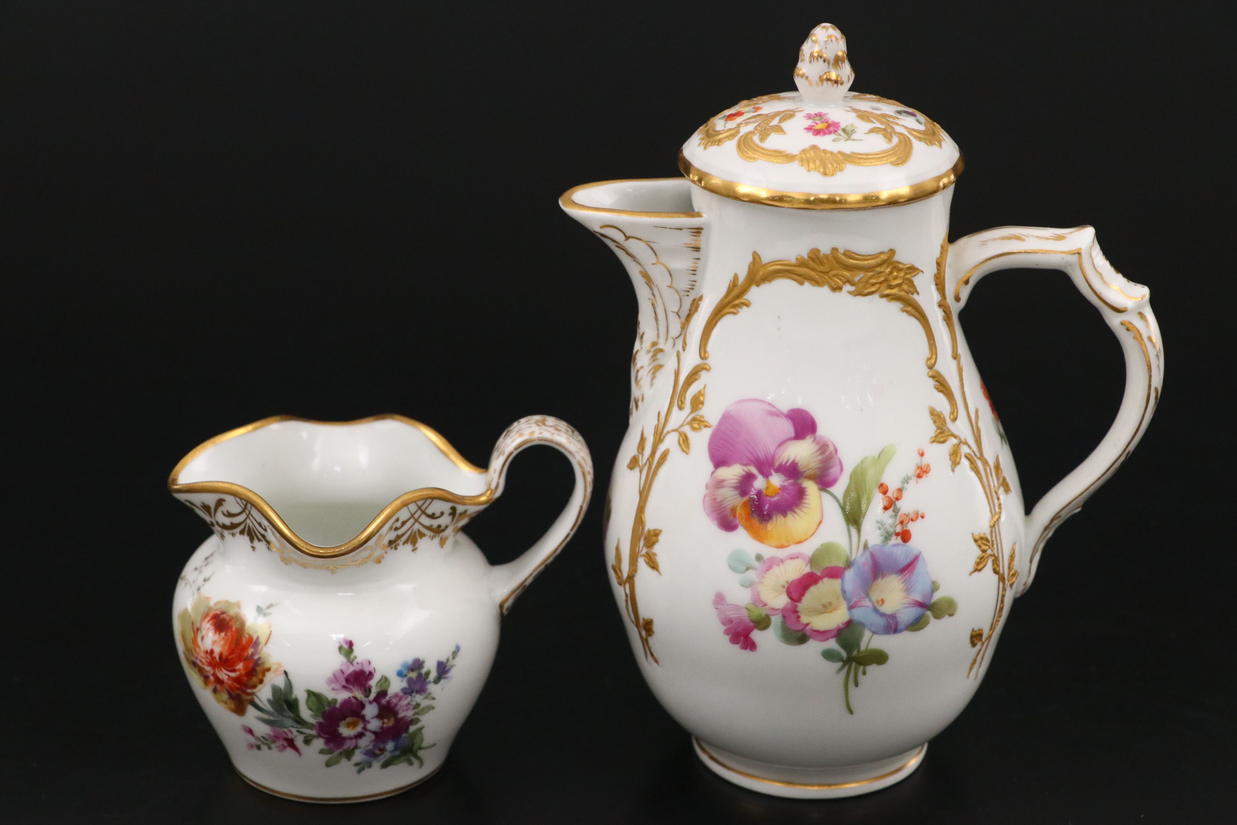 KPM Floral Gold Gilt Porcelain Cake Stand with Creamer and Sugar