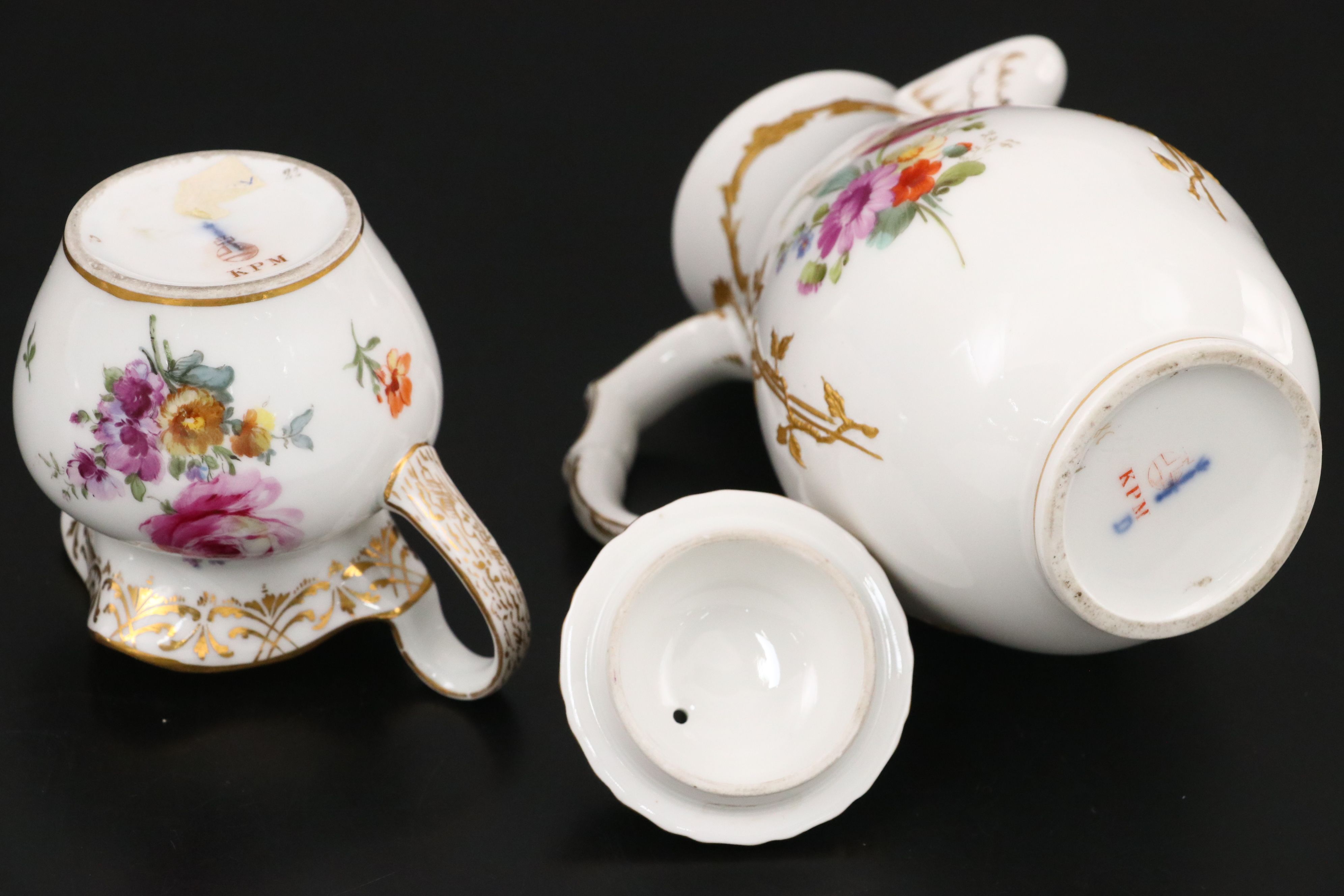 KPM Floral Gold Gilt Porcelain Cake Stand with Creamer and Sugar