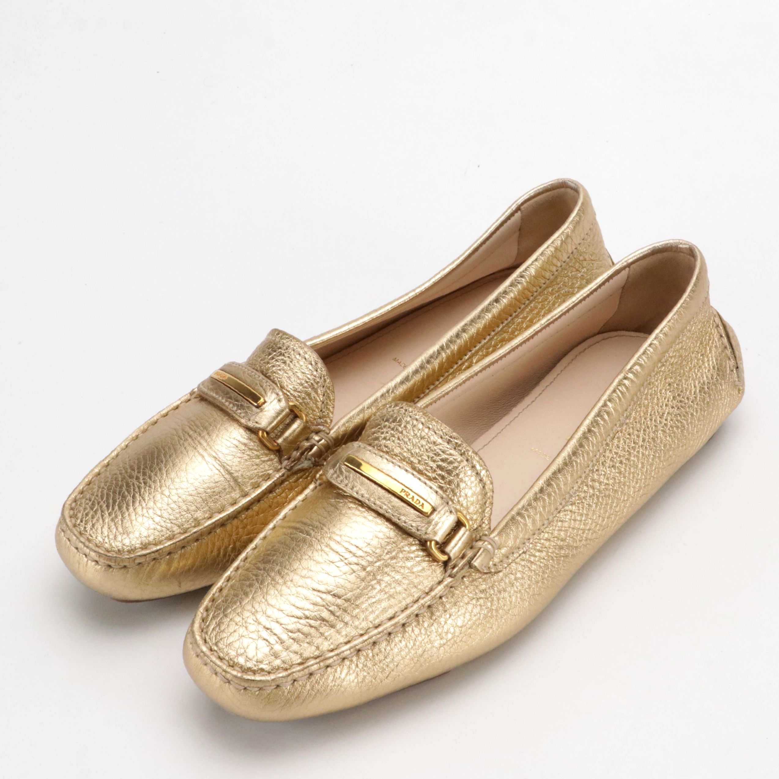 Prada Gold Metallic Leather Penny Loafers with Box