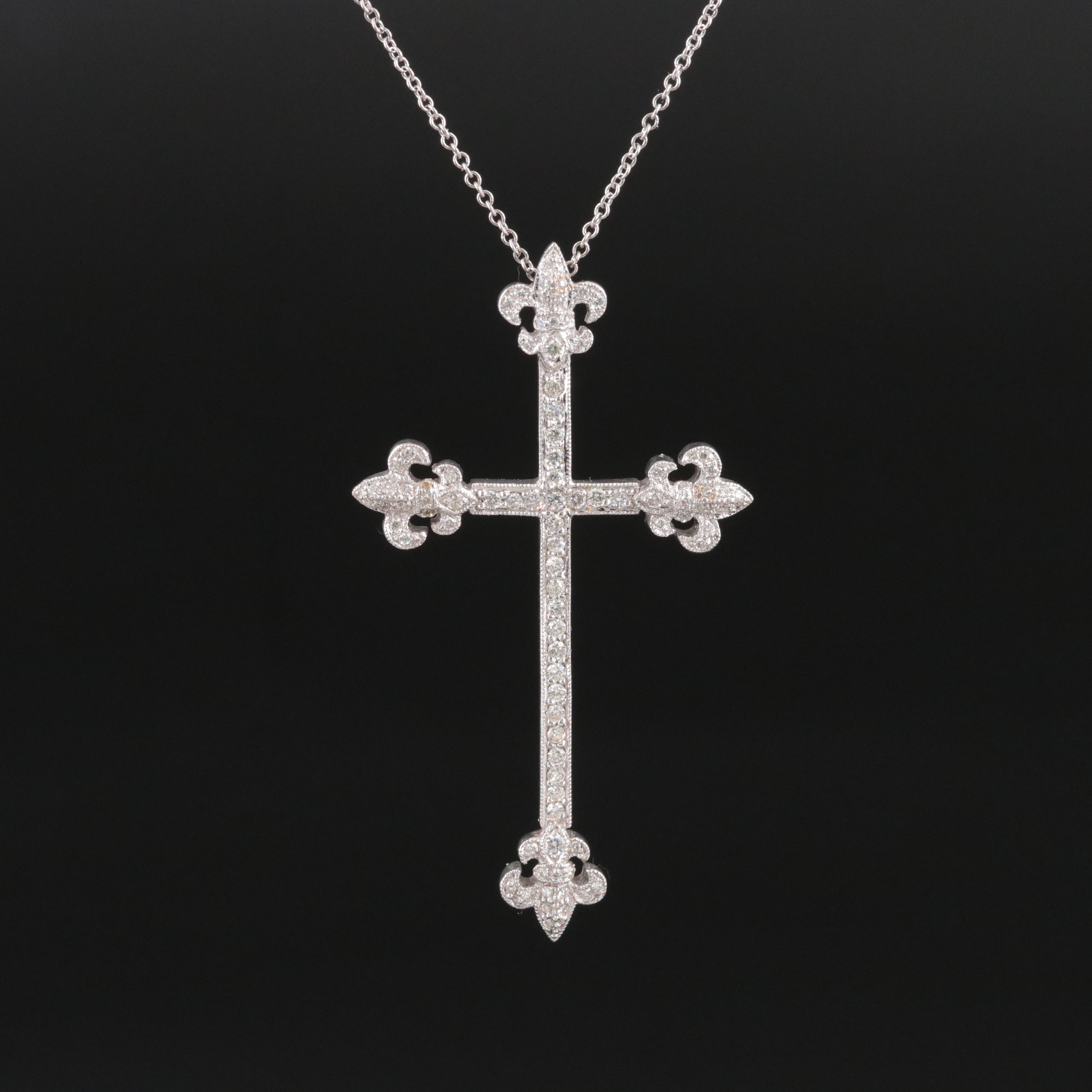 18K 0.47 CTW Diamond Fleur-de-Lis Cross Pendant Necklace
