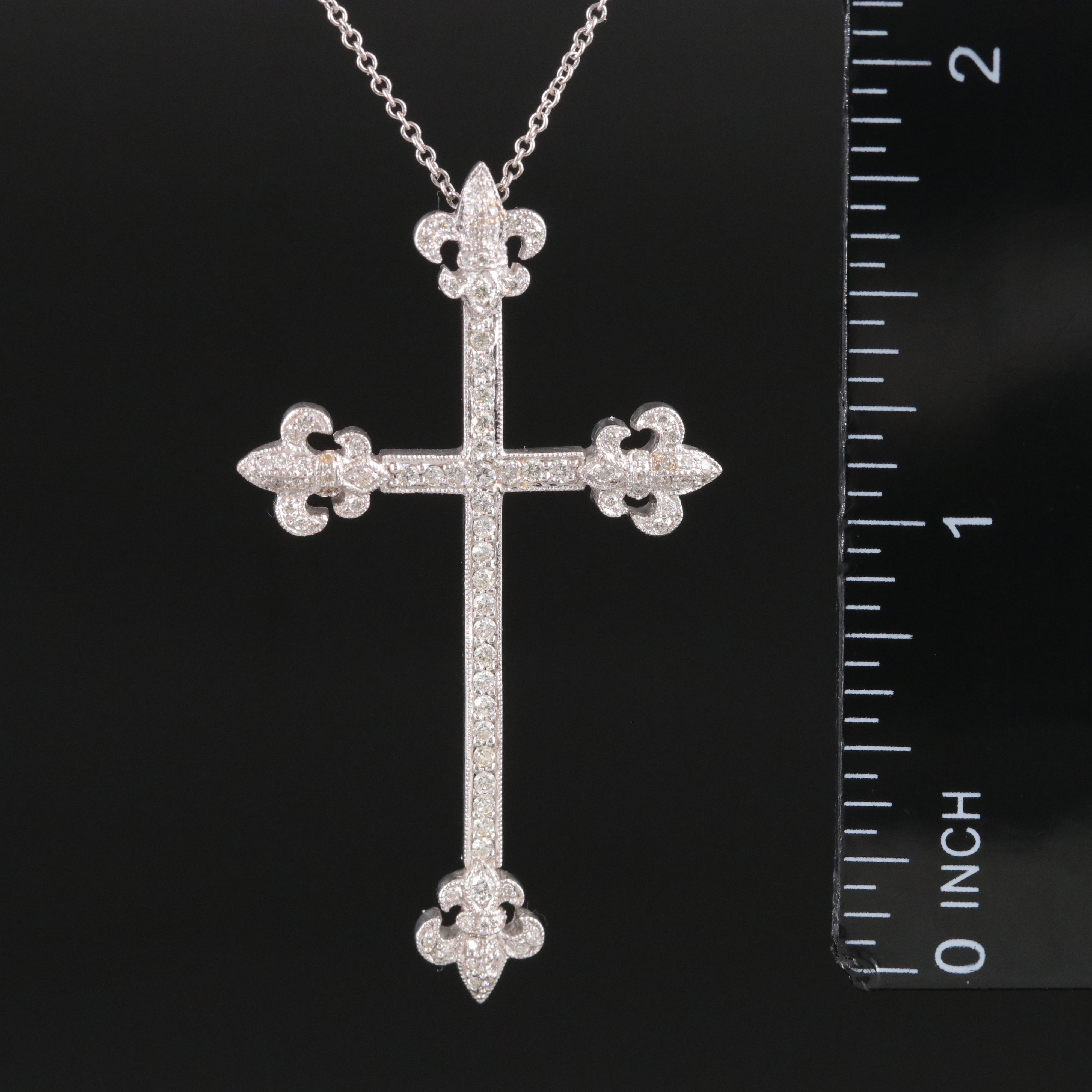 18K 0.47 CTW Diamond Fleur-de-Lis Cross Pendant Necklace