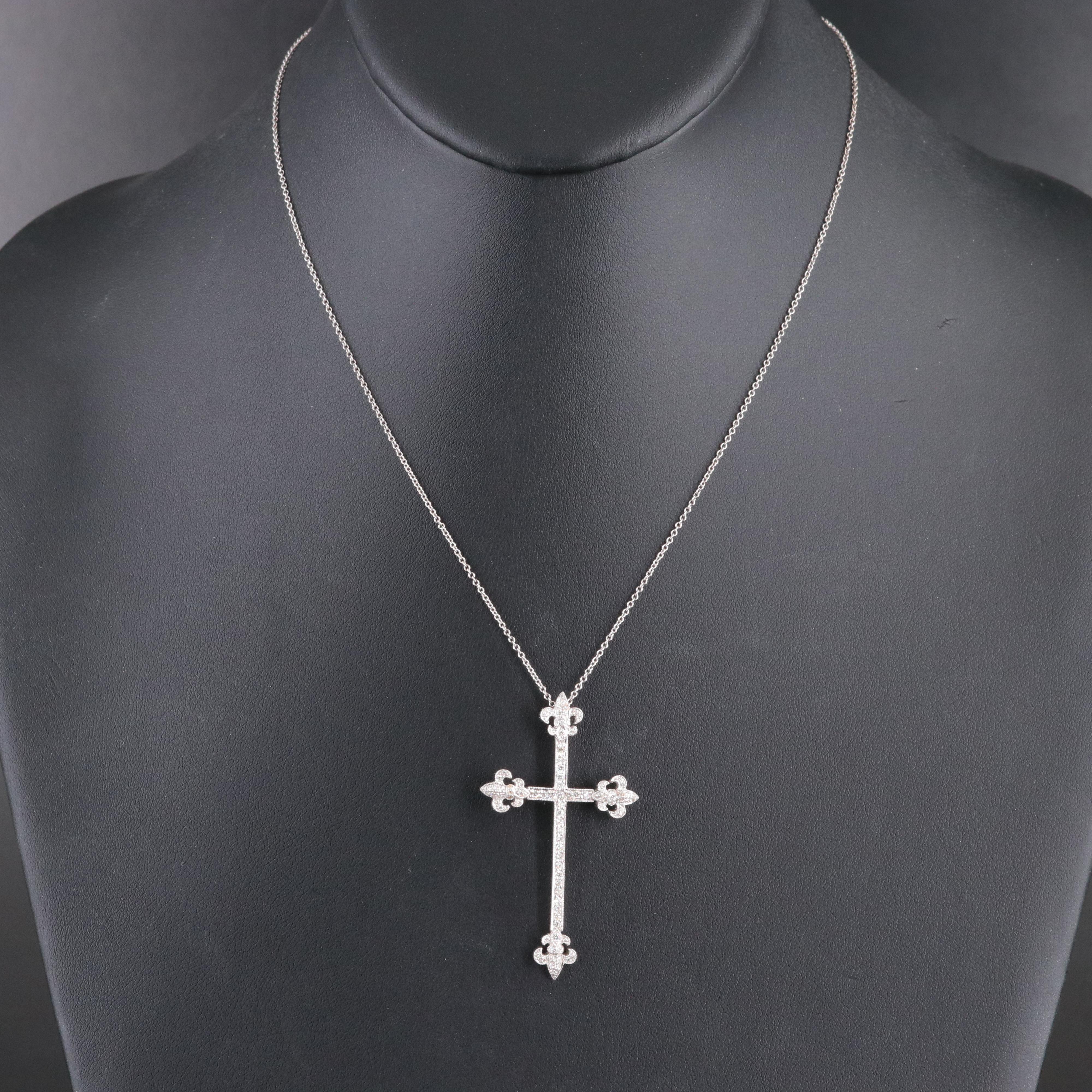 18K 0.47 CTW Diamond Fleur-de-Lis Cross Pendant Necklace