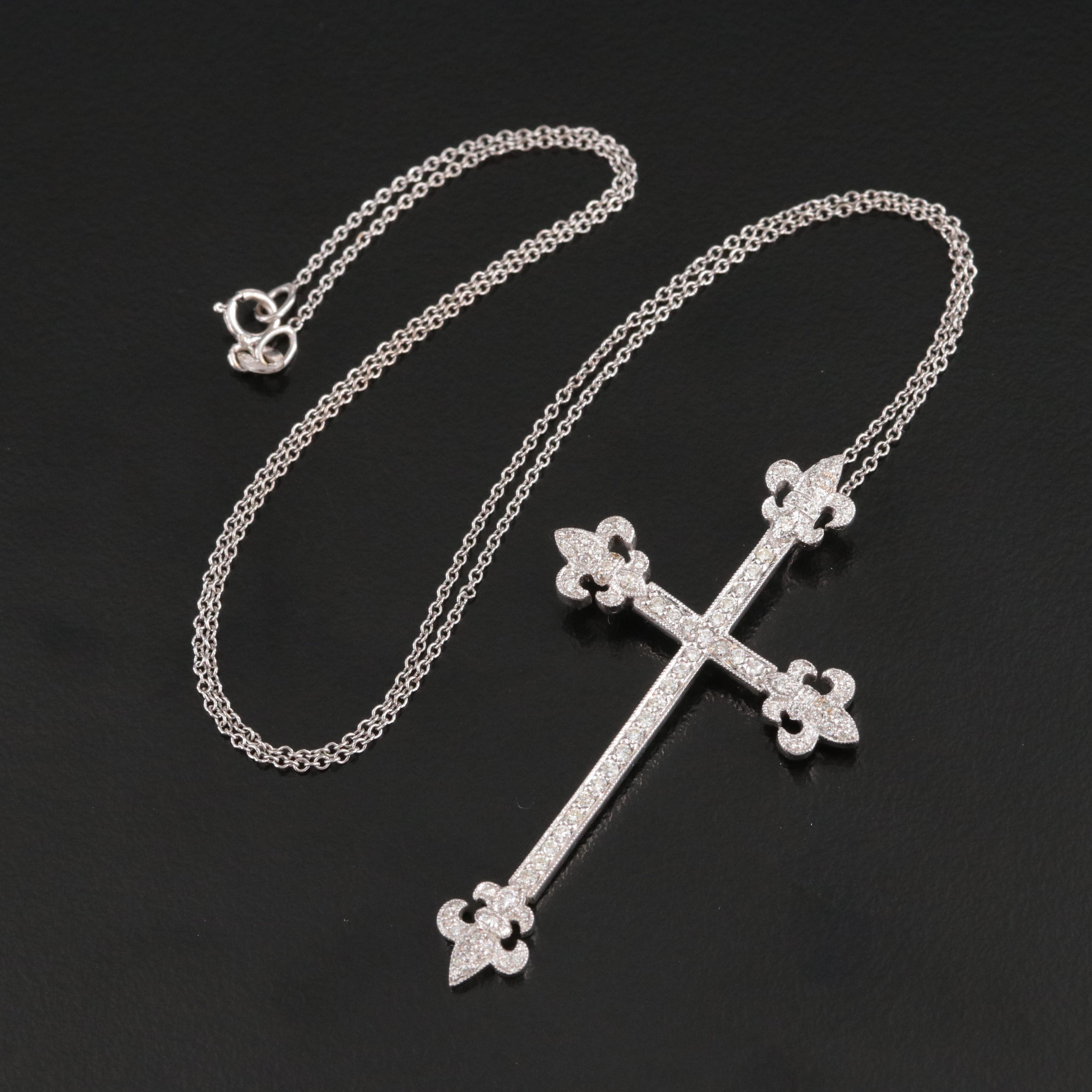 18K 0.47 CTW Diamond Fleur-de-Lis Cross Pendant Necklace