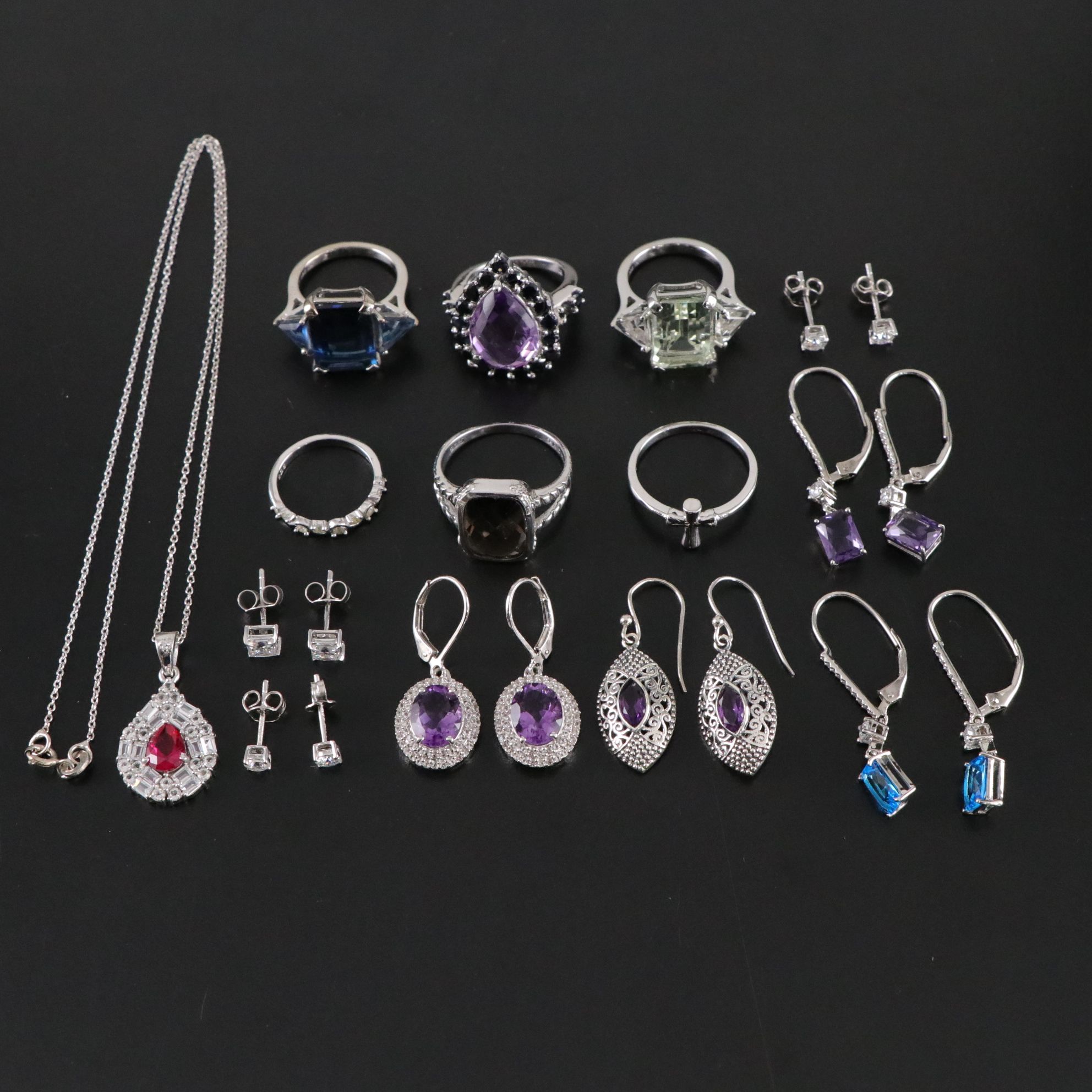 14 Assorted Sterling Silver Rings, Necklaces and Earrings