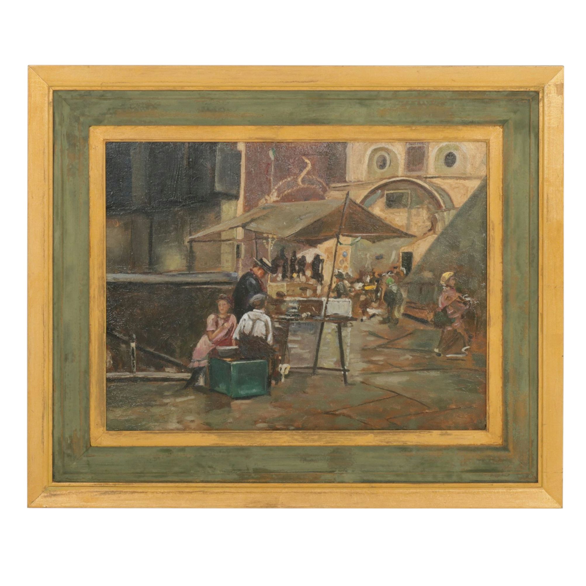 Impressionist Oil Painting of Patrons in a Busy Market Street, 17th Century
