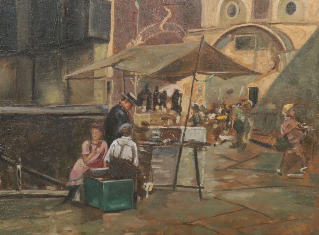 Impressionist Oil Painting of Patrons in a Busy Market Street, 17th Century