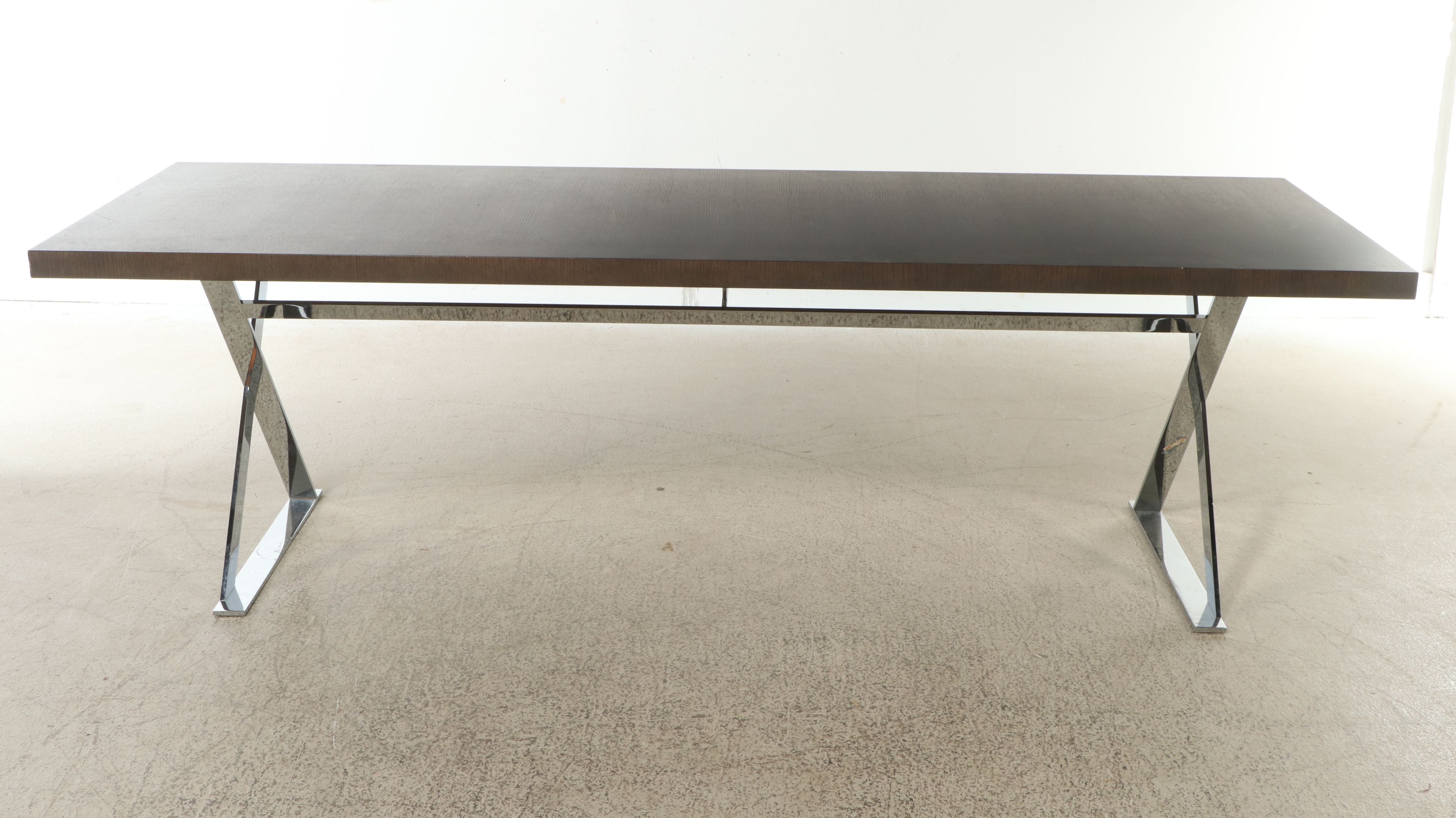 Contemporary Walnut Finish Table with X-Leg Chromed Metal Base