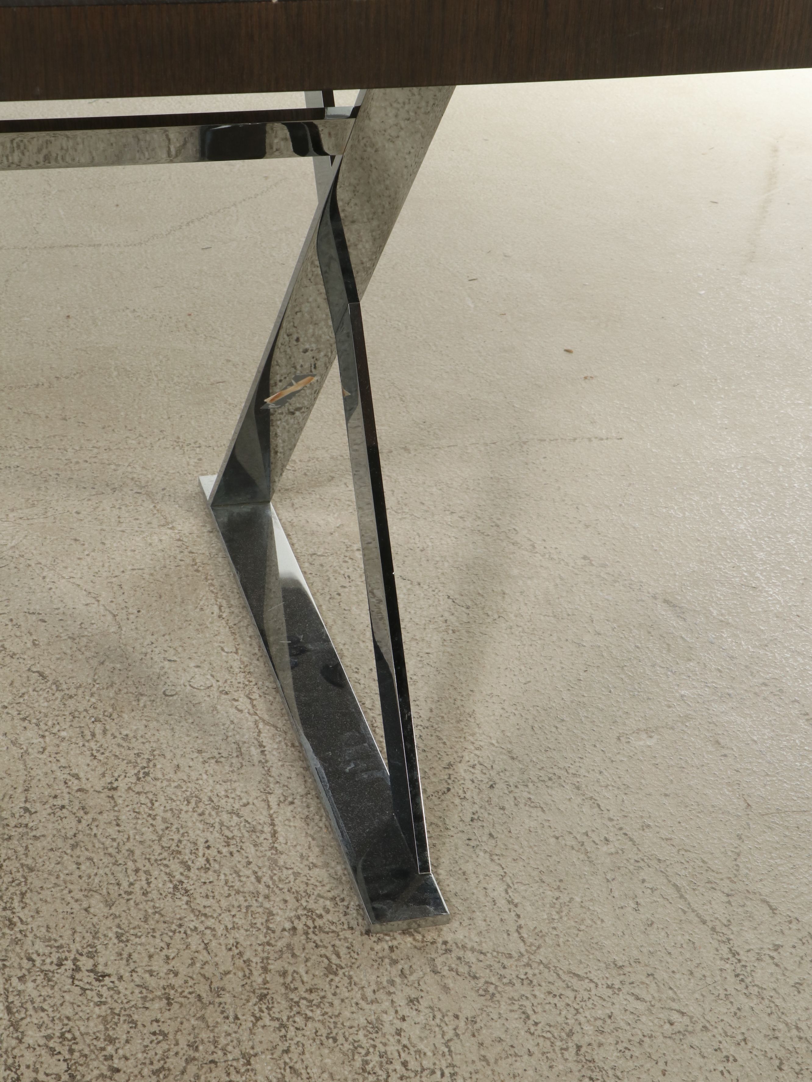 Contemporary Walnut Finish Table with X-Leg Chromed Metal Base