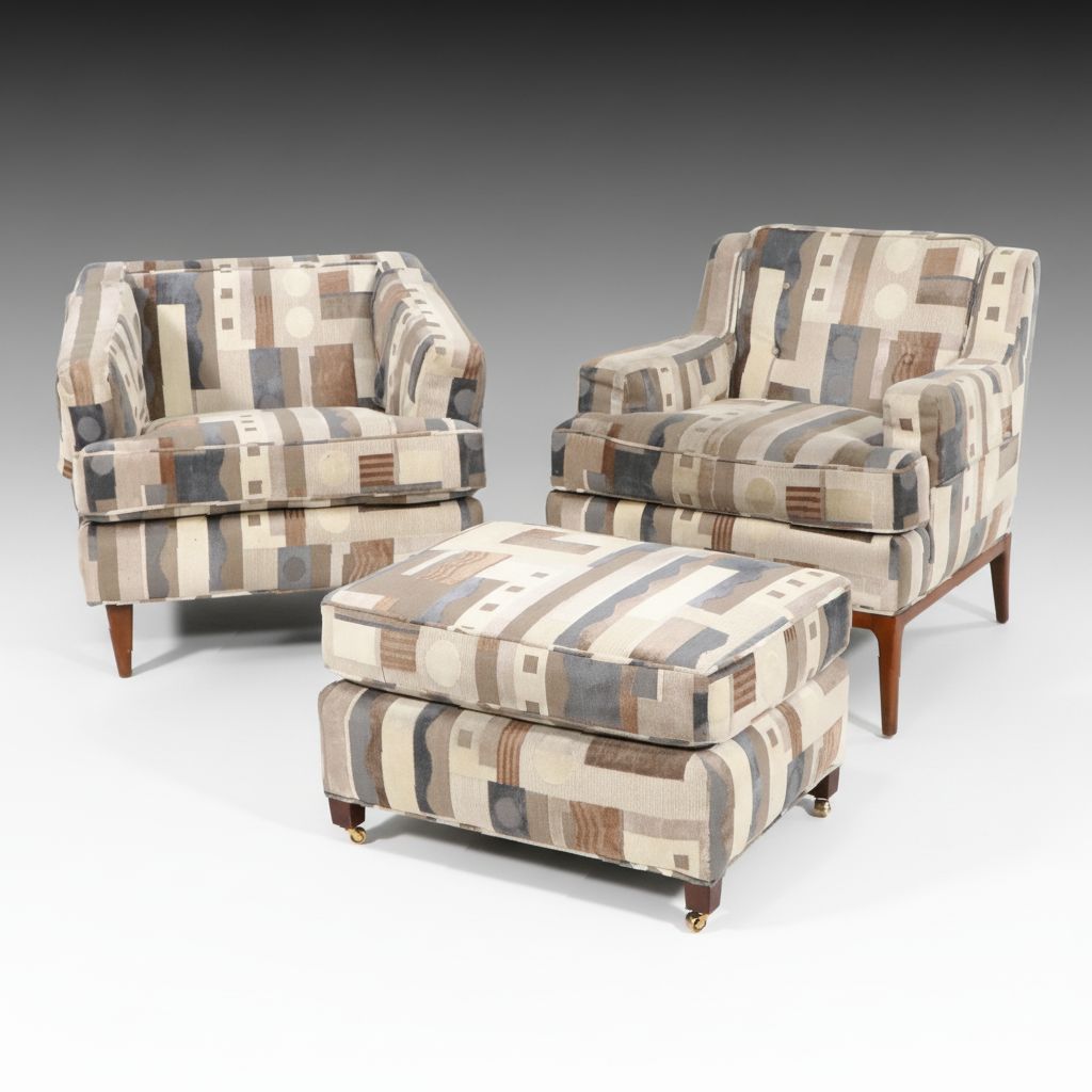 Pair of Upholstered Mid Century Modern Style Armchairs and Ottoman