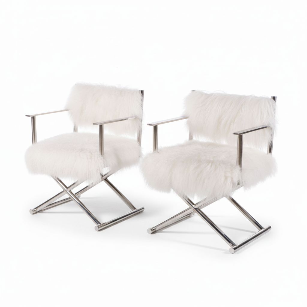 Pair of Mongolian Fur and Chromed Metal Director's Chairs, 2017