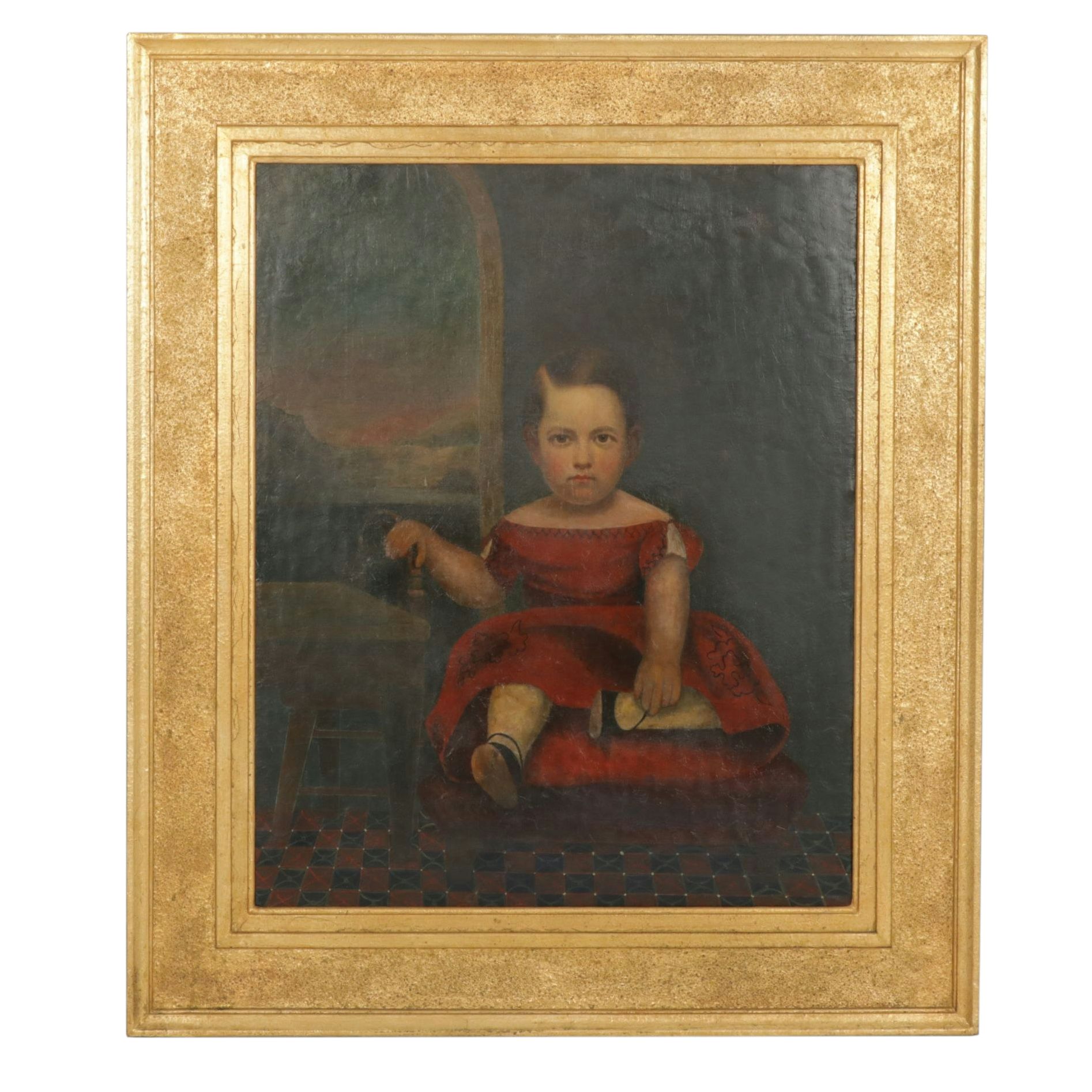 European School Style Portrait of Adolescent Child in a Red Dress, 19th Century