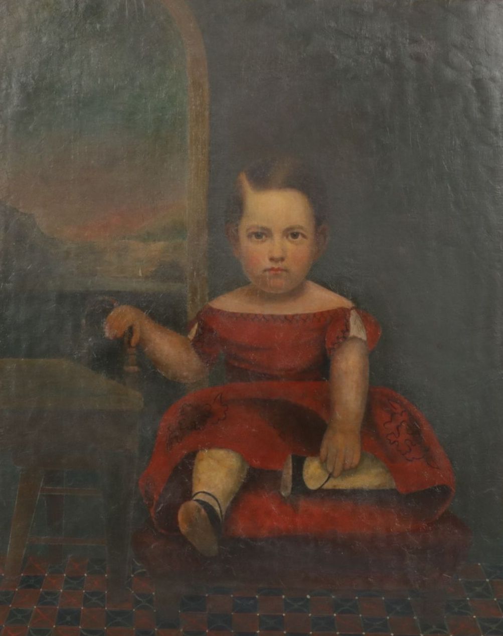 European School Style Portrait of Adolescent Child in a Red Dress, 19th Century