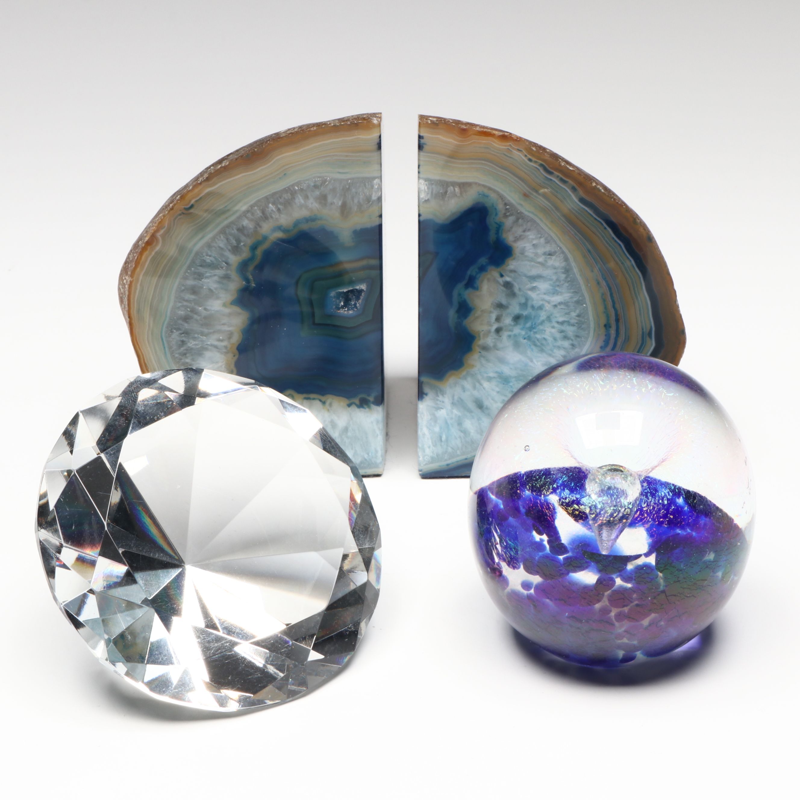 Geode Bookends with Art Glass Paperweights
