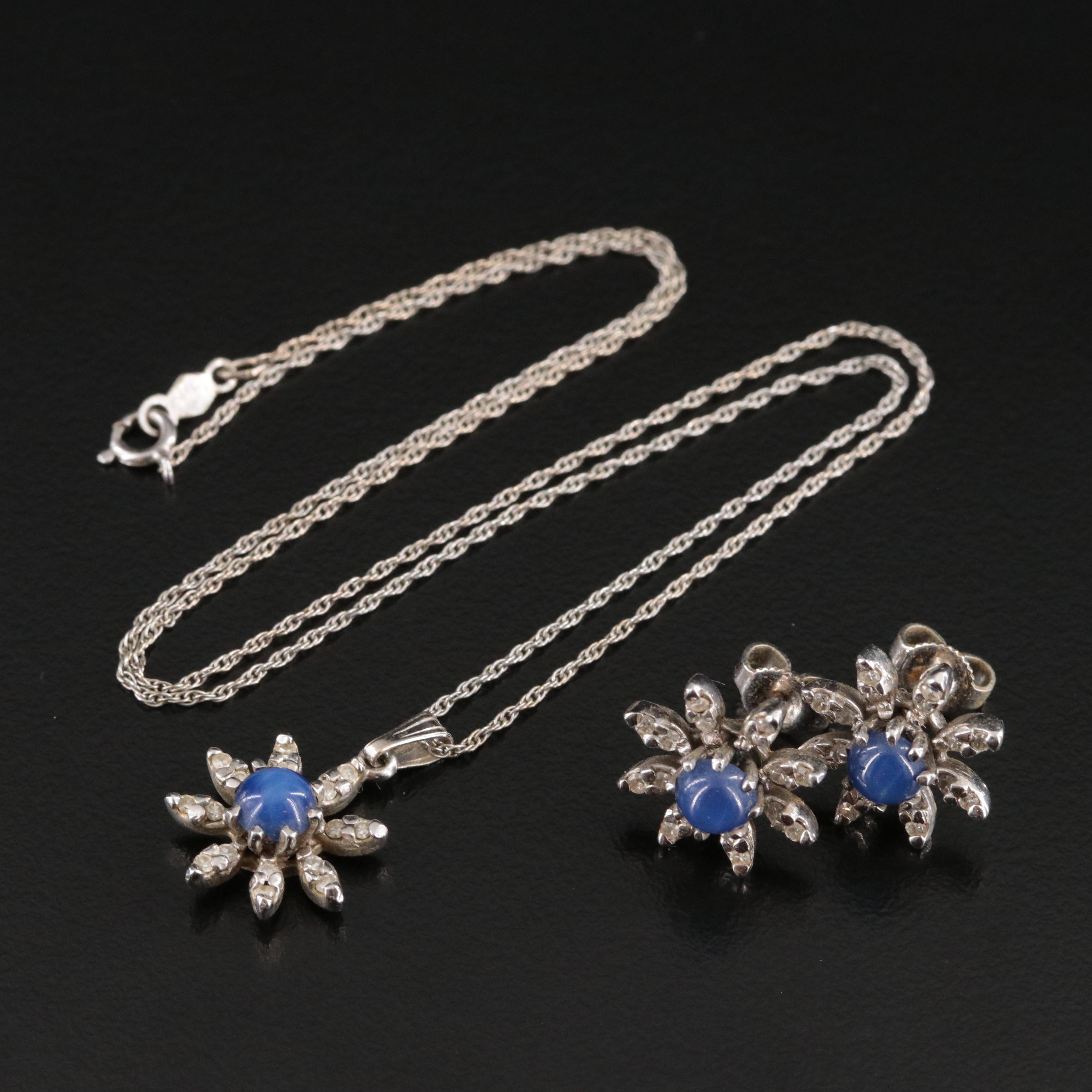 14K Star Sapphire and Diamond Pendant Necklace and Earring Set